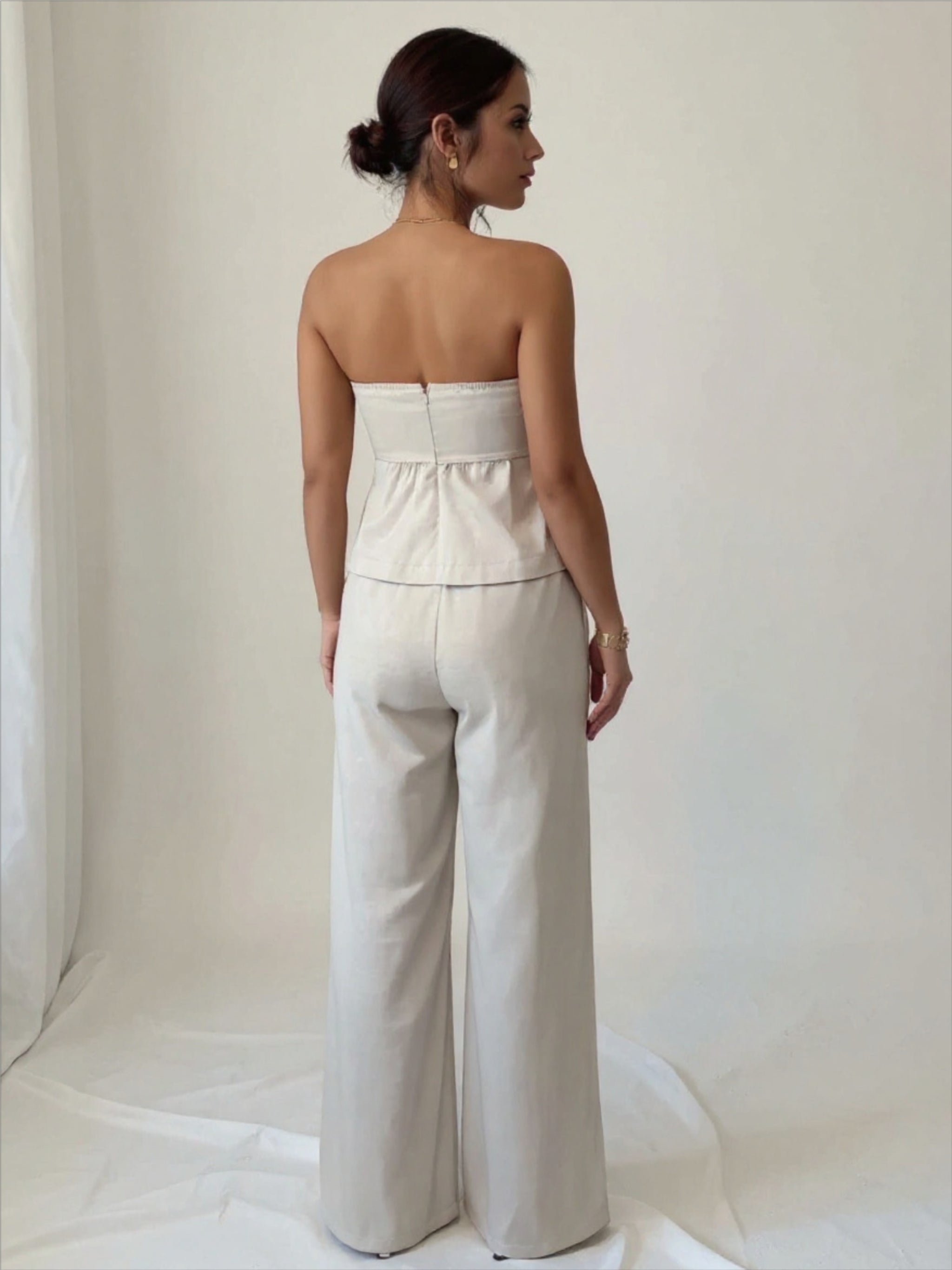 Beige Ruched Tube Top & Pants Set