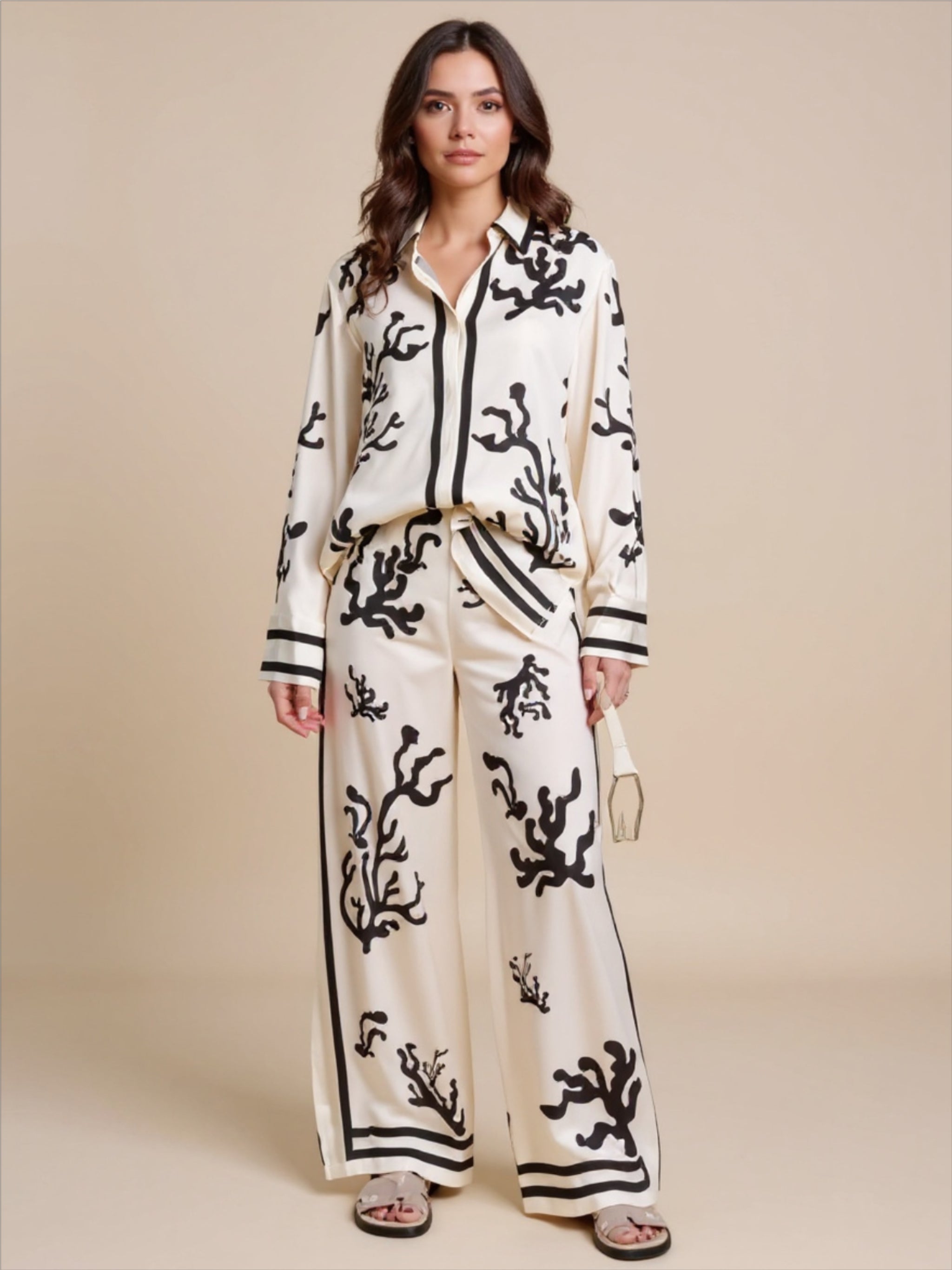 Beige Printed Long Sleeve Shirt & Pants Set