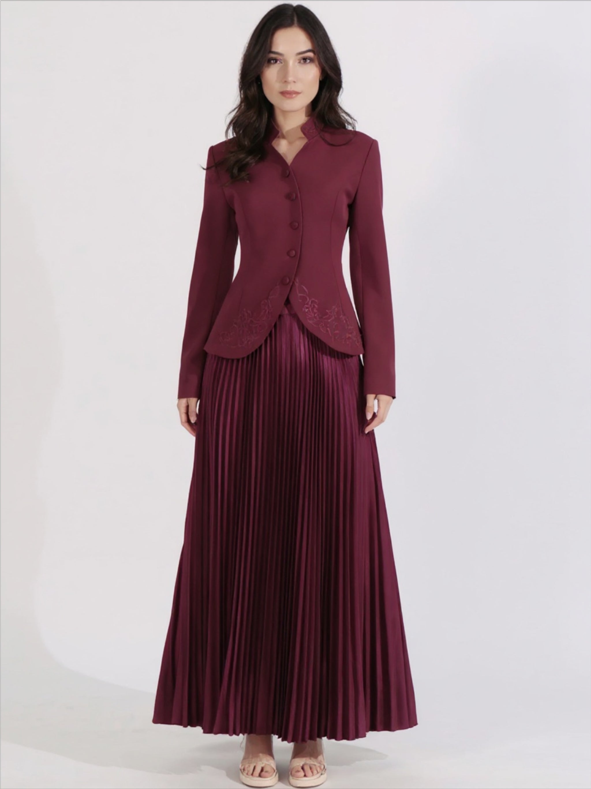 Button Up Long Sleeve Top & Pleated Skirt Set