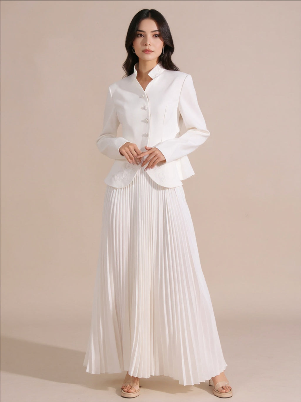 Button Up Long Sleeve Top & Pleated Skirt Set