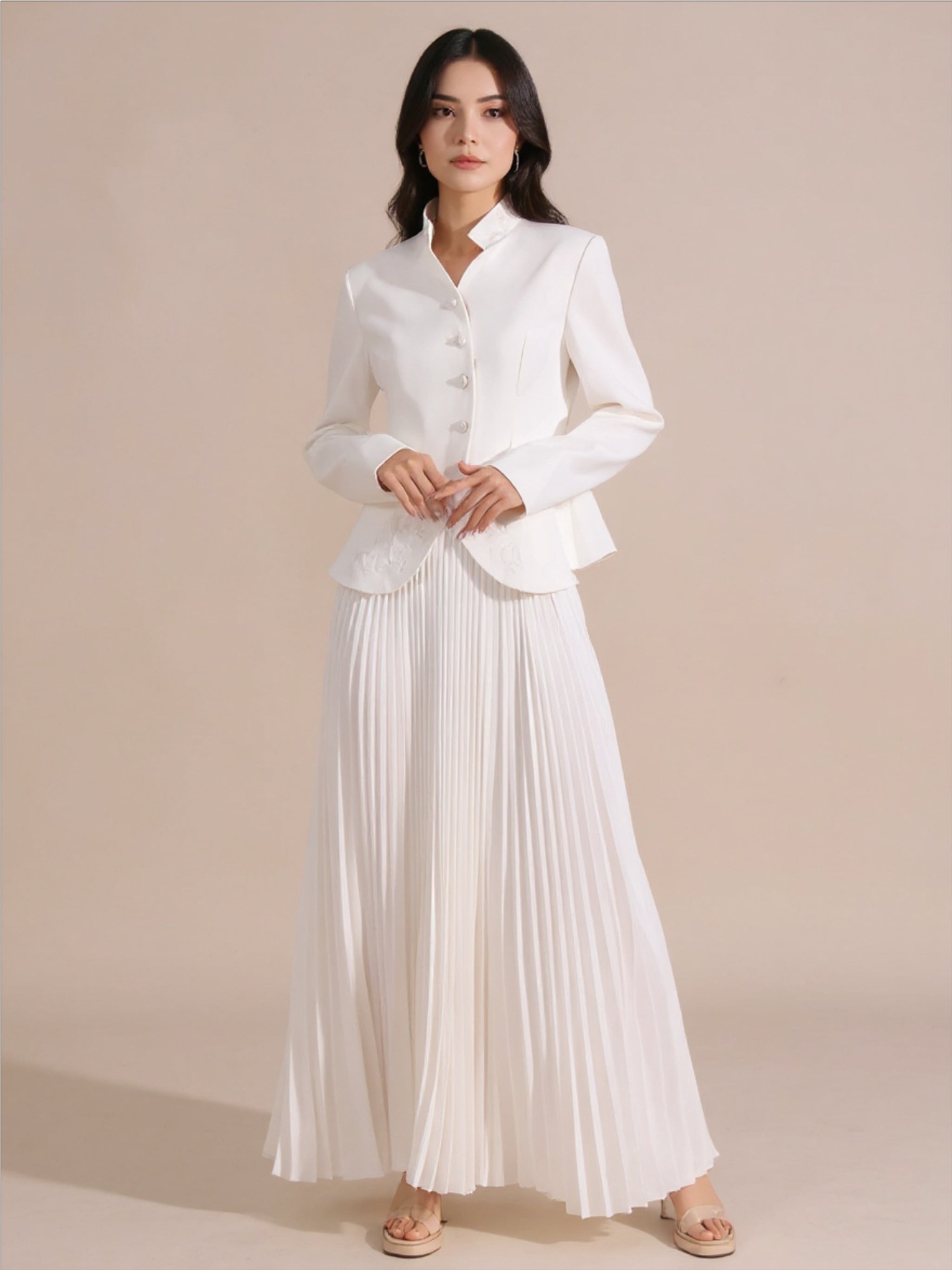 Button Up Long Sleeve Top & Pleated Skirt Set