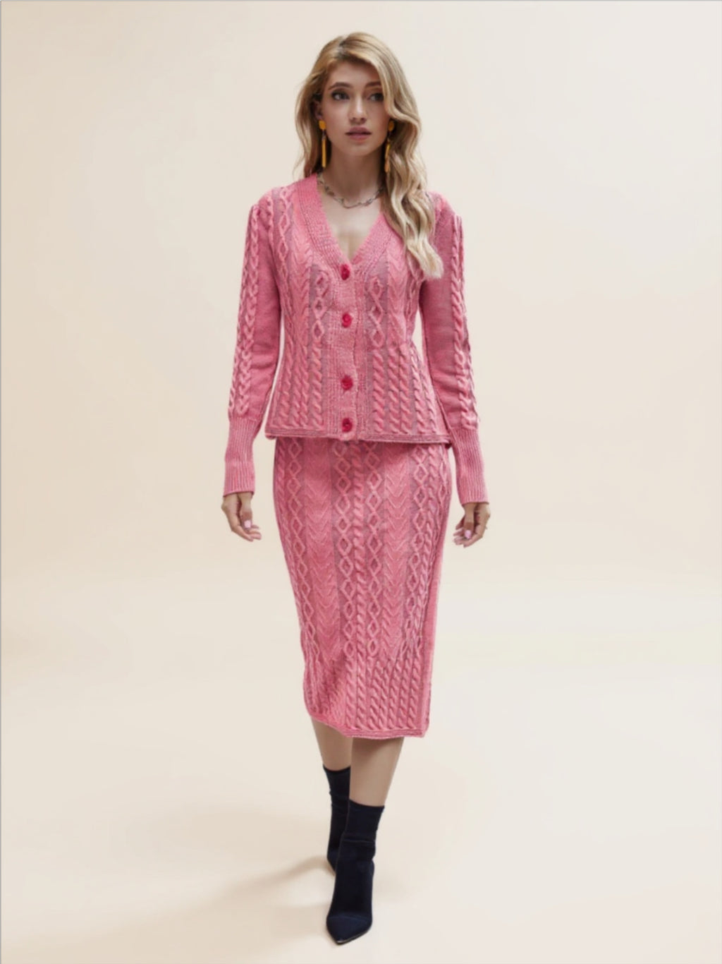 Mixed Knit V-Neck Cardigan & Knit Skirt Set