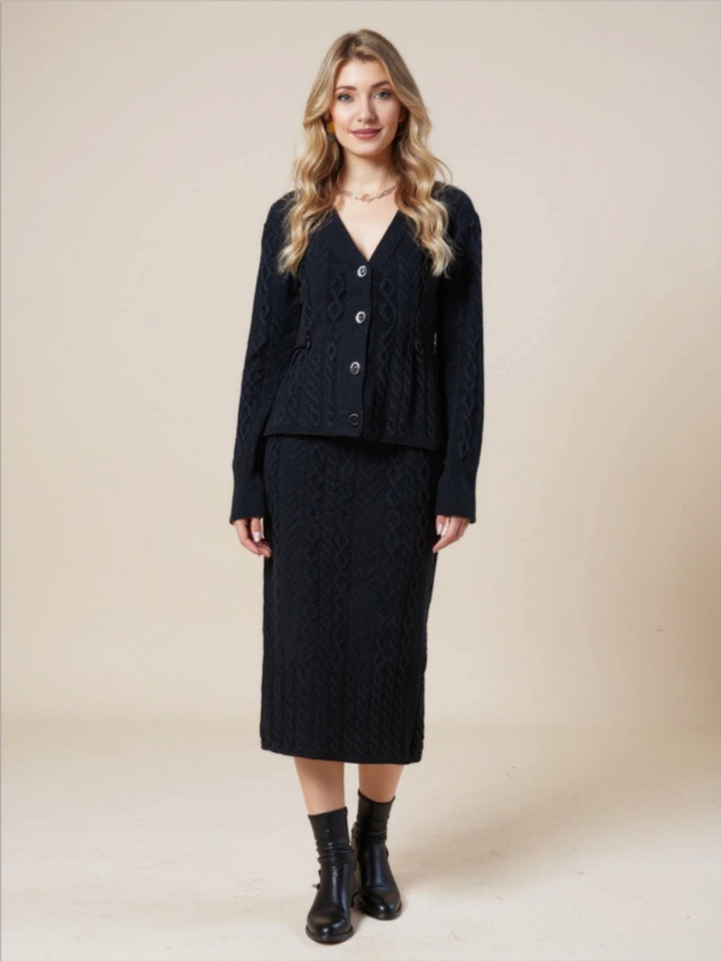 Mixed Knit V-Neck Cardigan & Knit Skirt Set