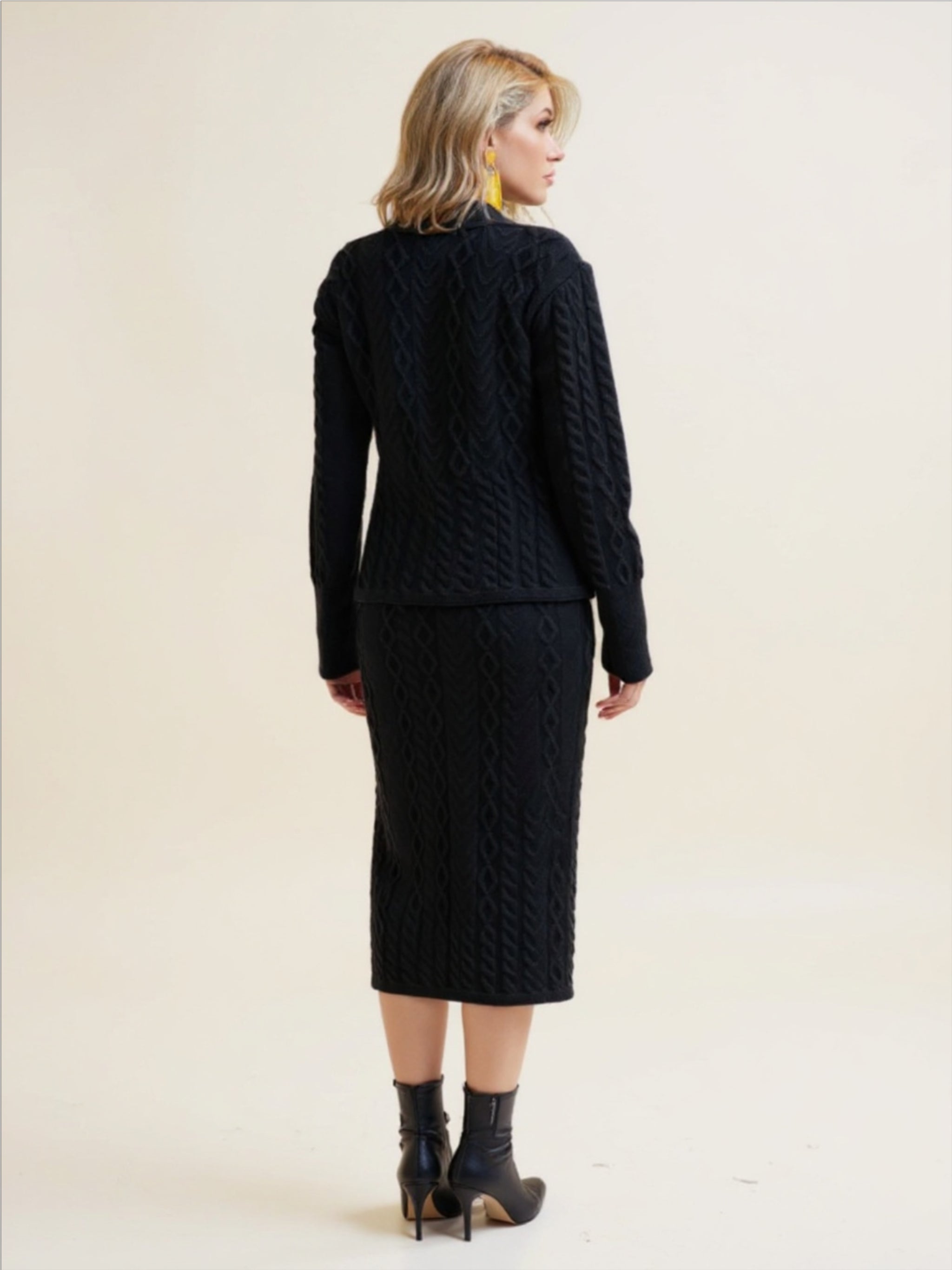 Mixed Knit V-Neck Cardigan & Knit Skirt Set