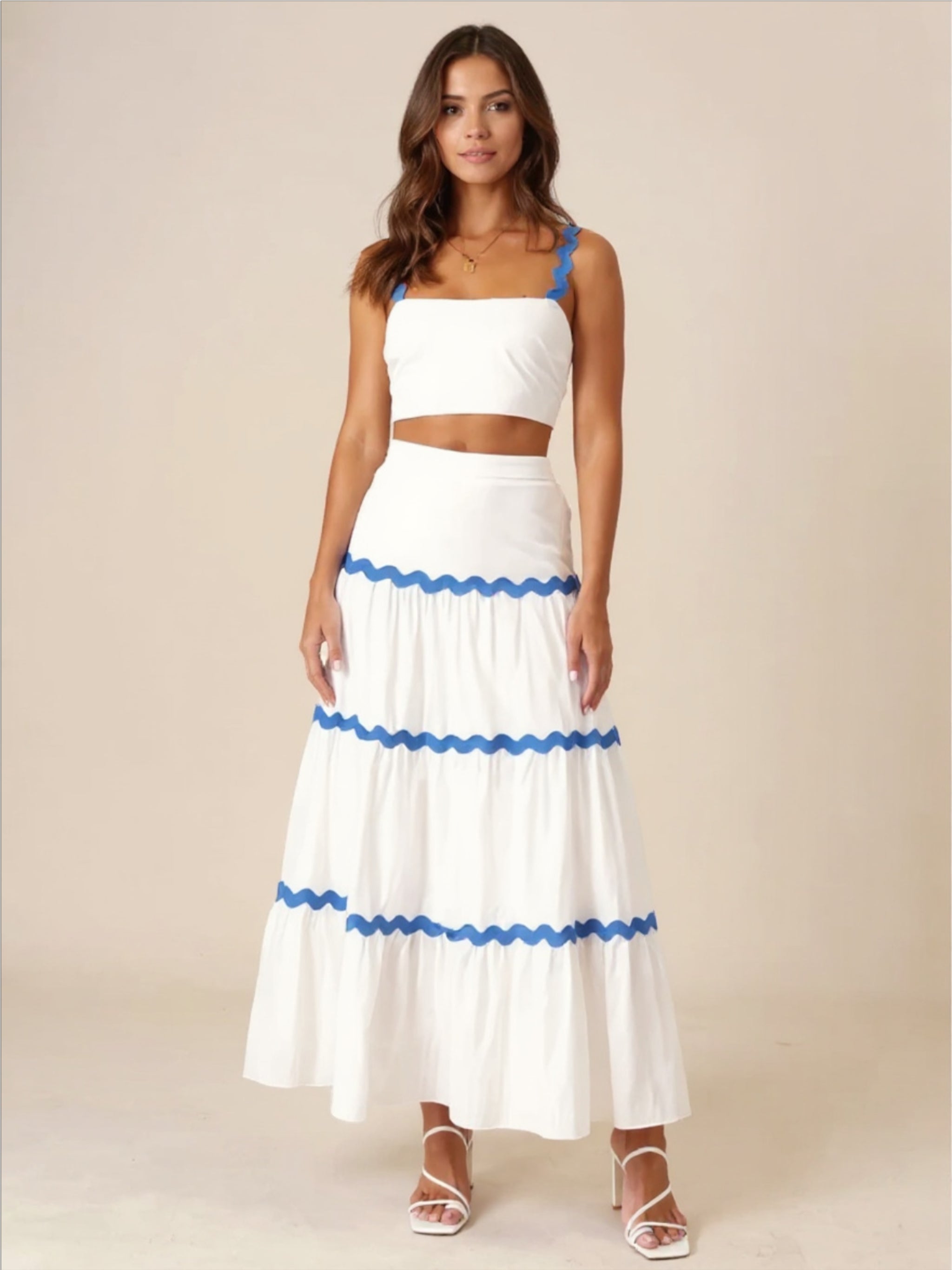 White Contrast Trim Cami & Maxi Skirt Set