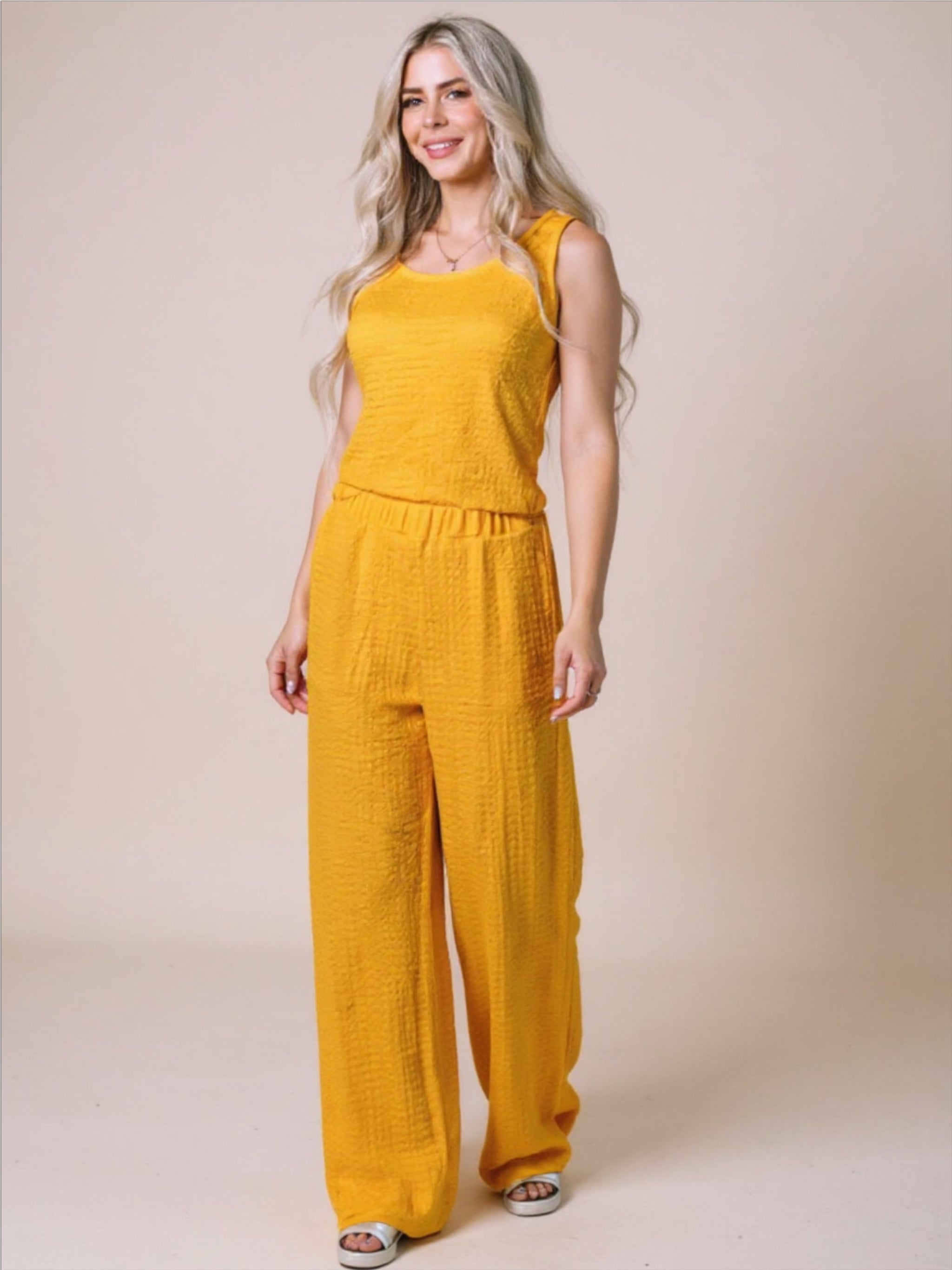 Textured Round Neck Top & Wide Leg Pants Set