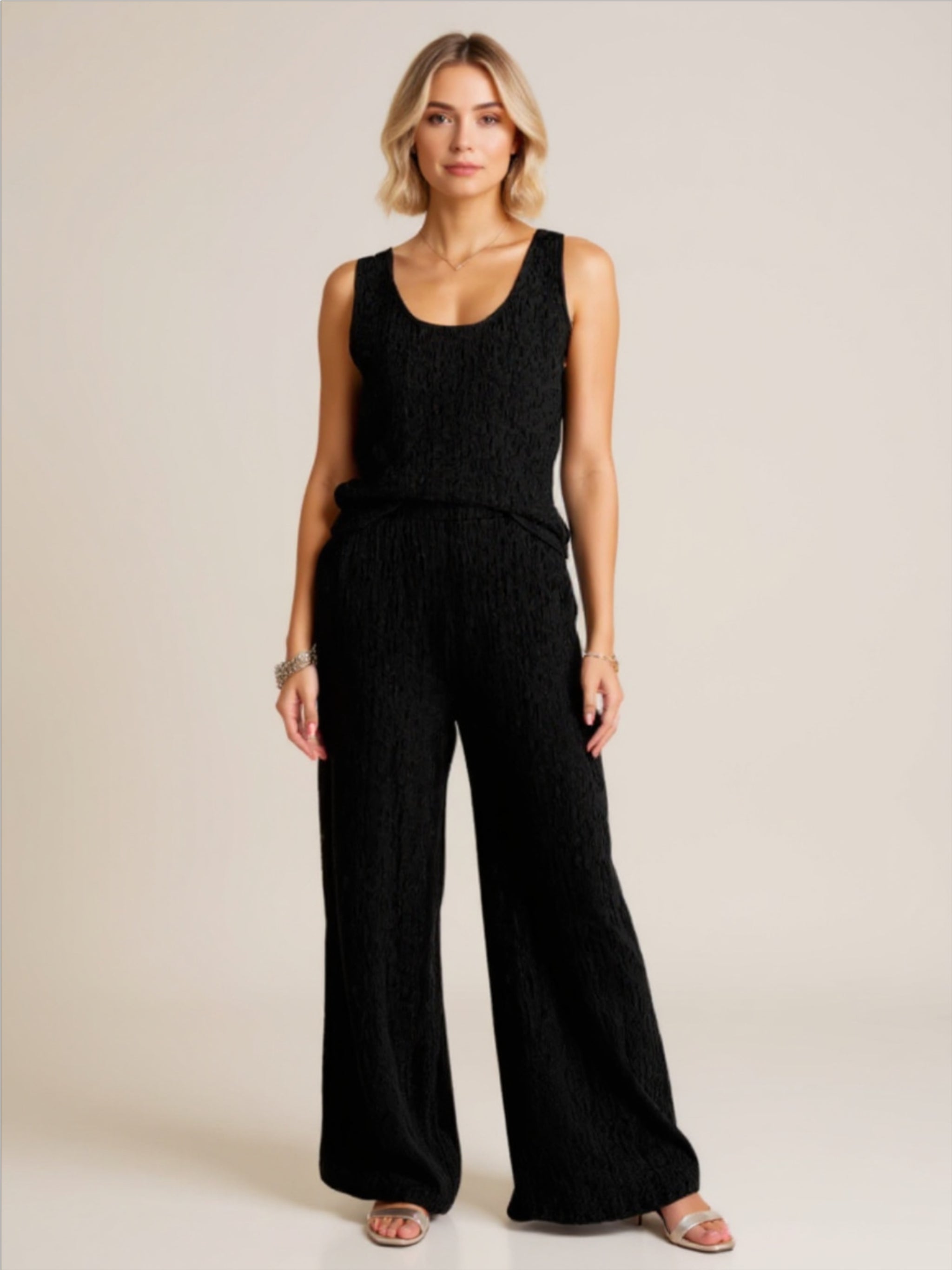 Textured Round Neck Top & Wide Leg Pants Set