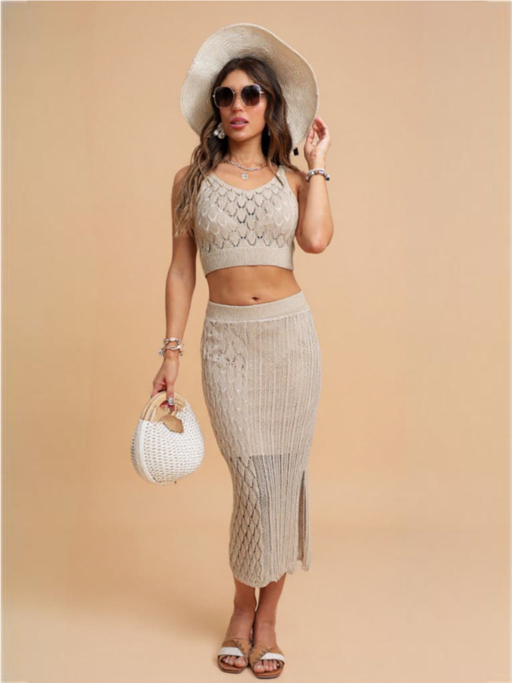 Openwork Cropped Tank & Split Skirt Set