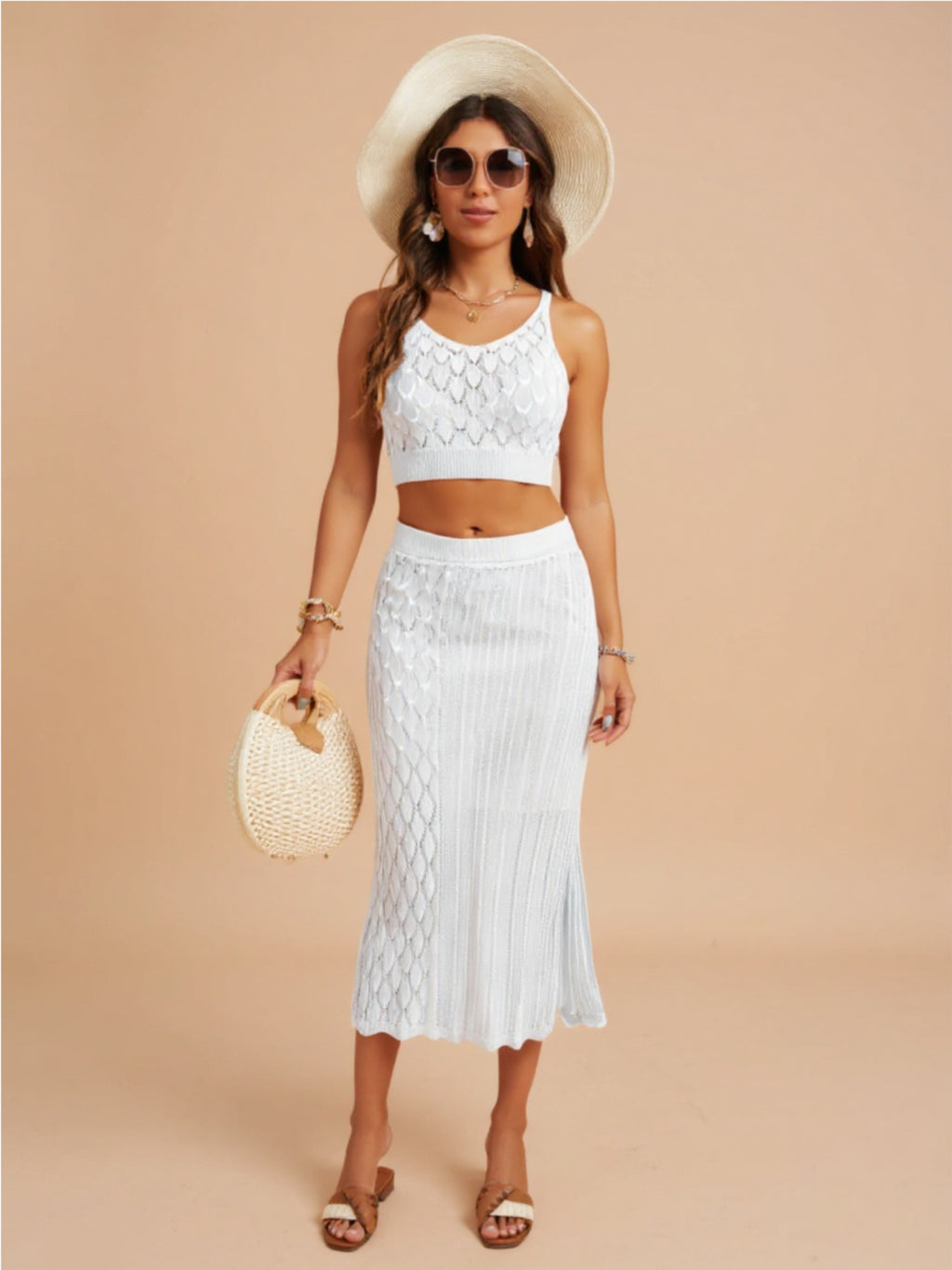 Openwork Cropped Tank & Split Skirt Set