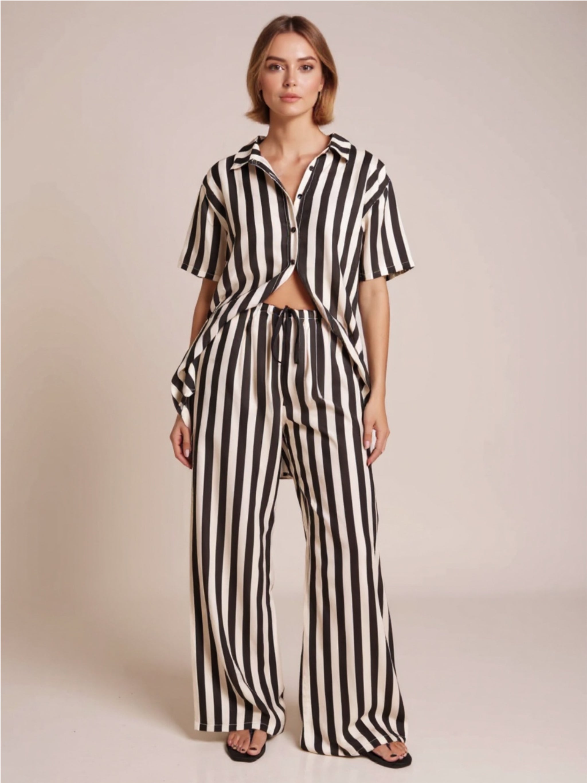 Black & White Striped Collared Neck Half Sleeve Top & Pants Set