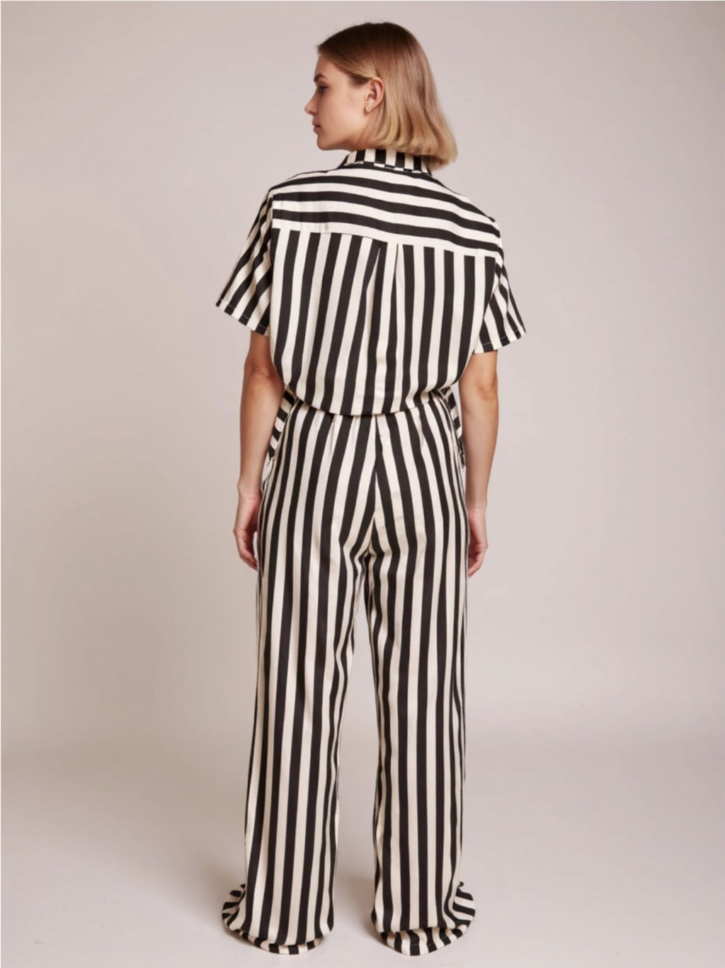 Black & White Striped Collared Neck Half Sleeve Top & Pants Set