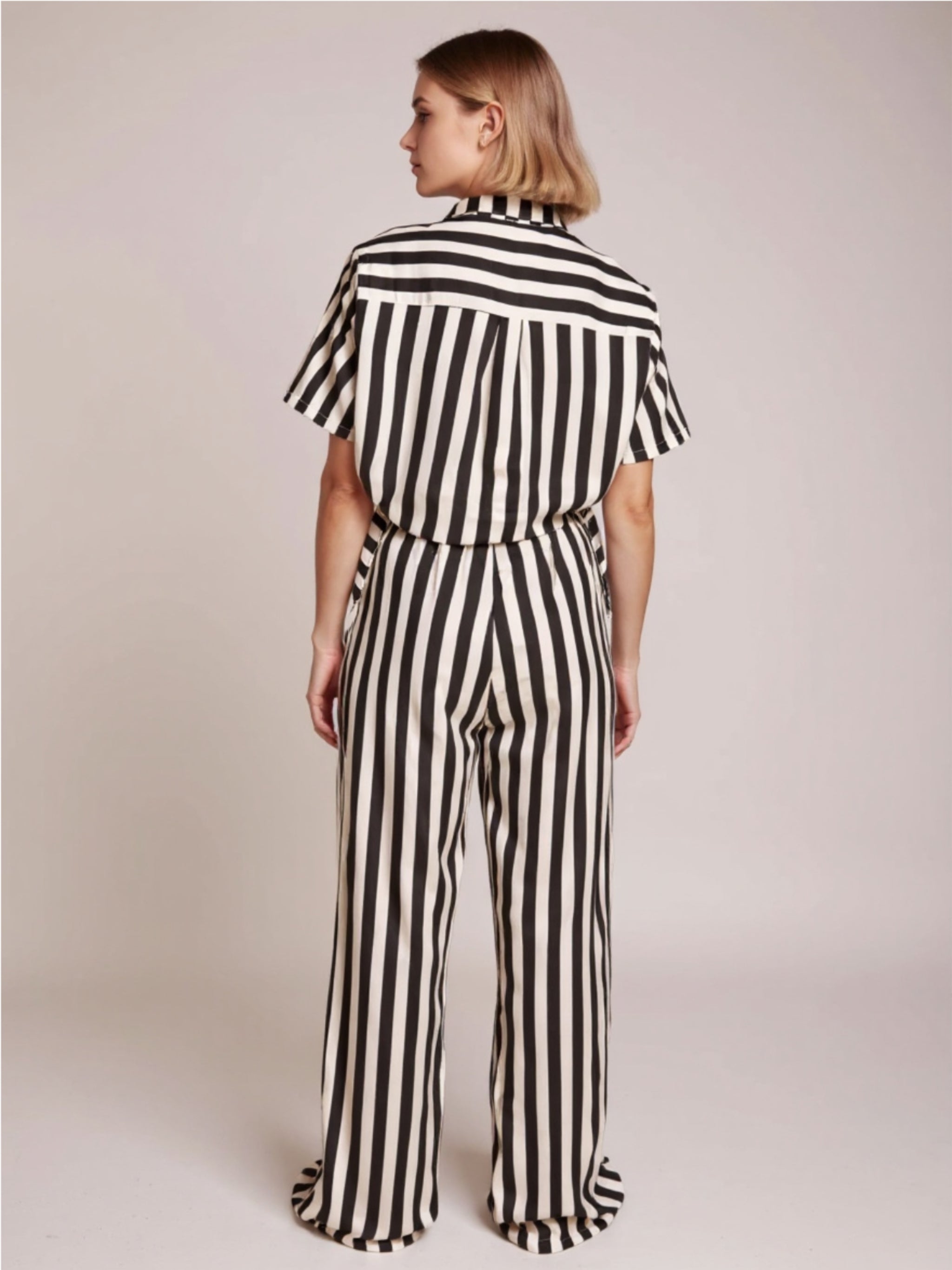 Black & White Striped Collared Neck Half Sleeve Top & Pants Set