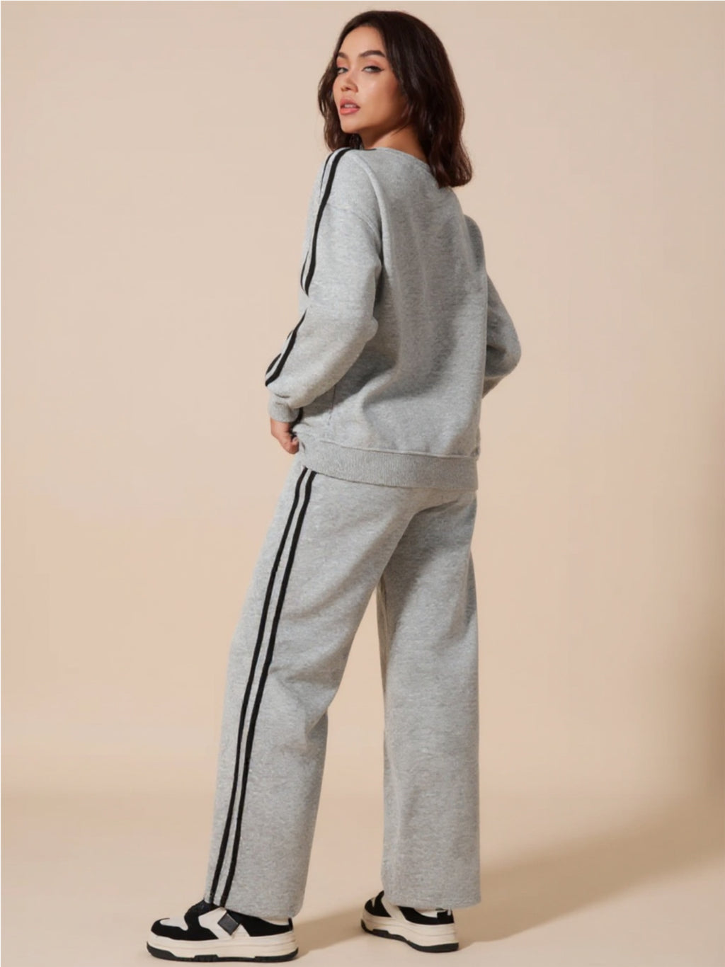 Gray Side Striped Round Neck Top & Pants Active Set