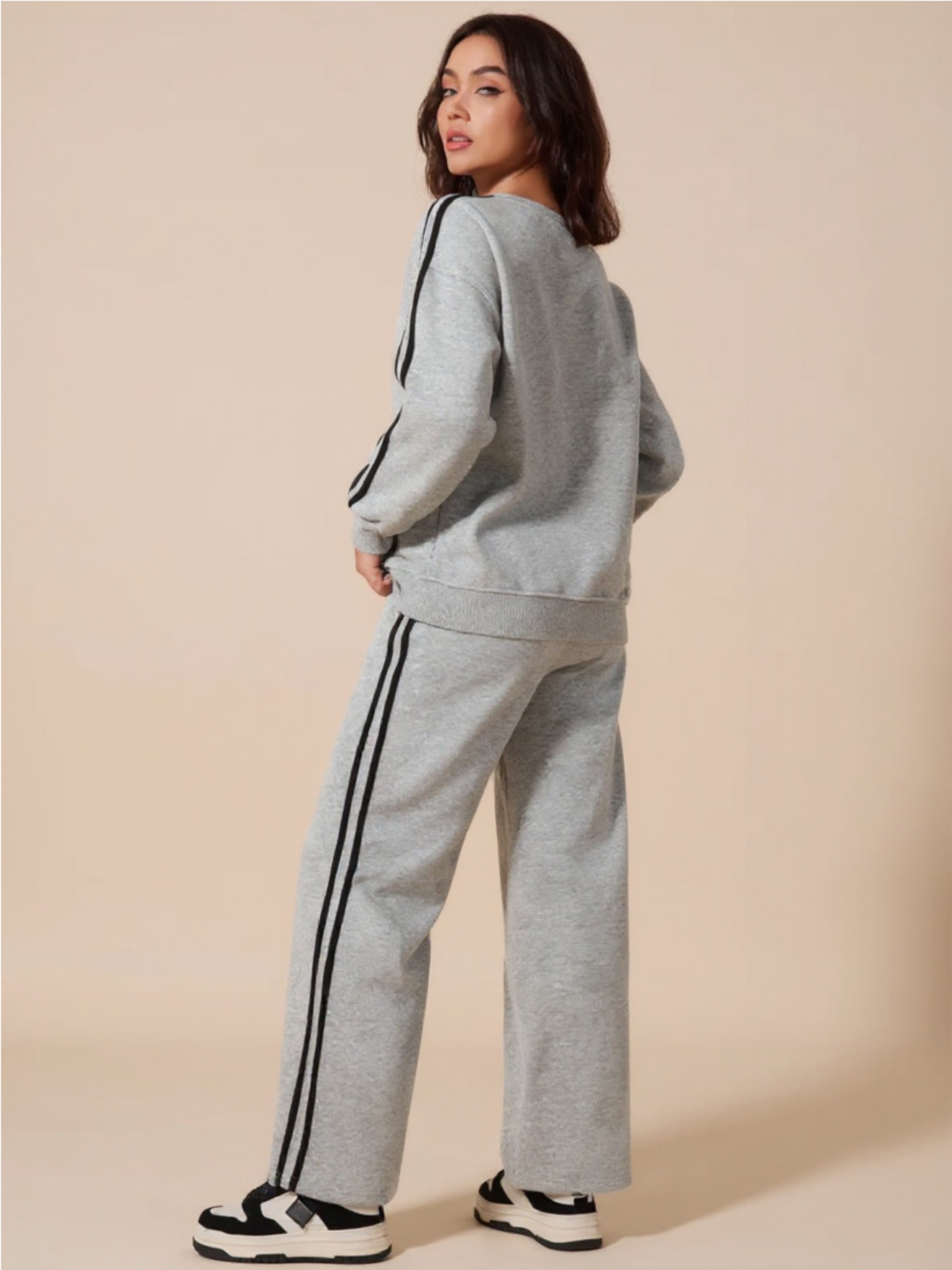 Gray Side Striped Round Neck Top & Pants Active Set