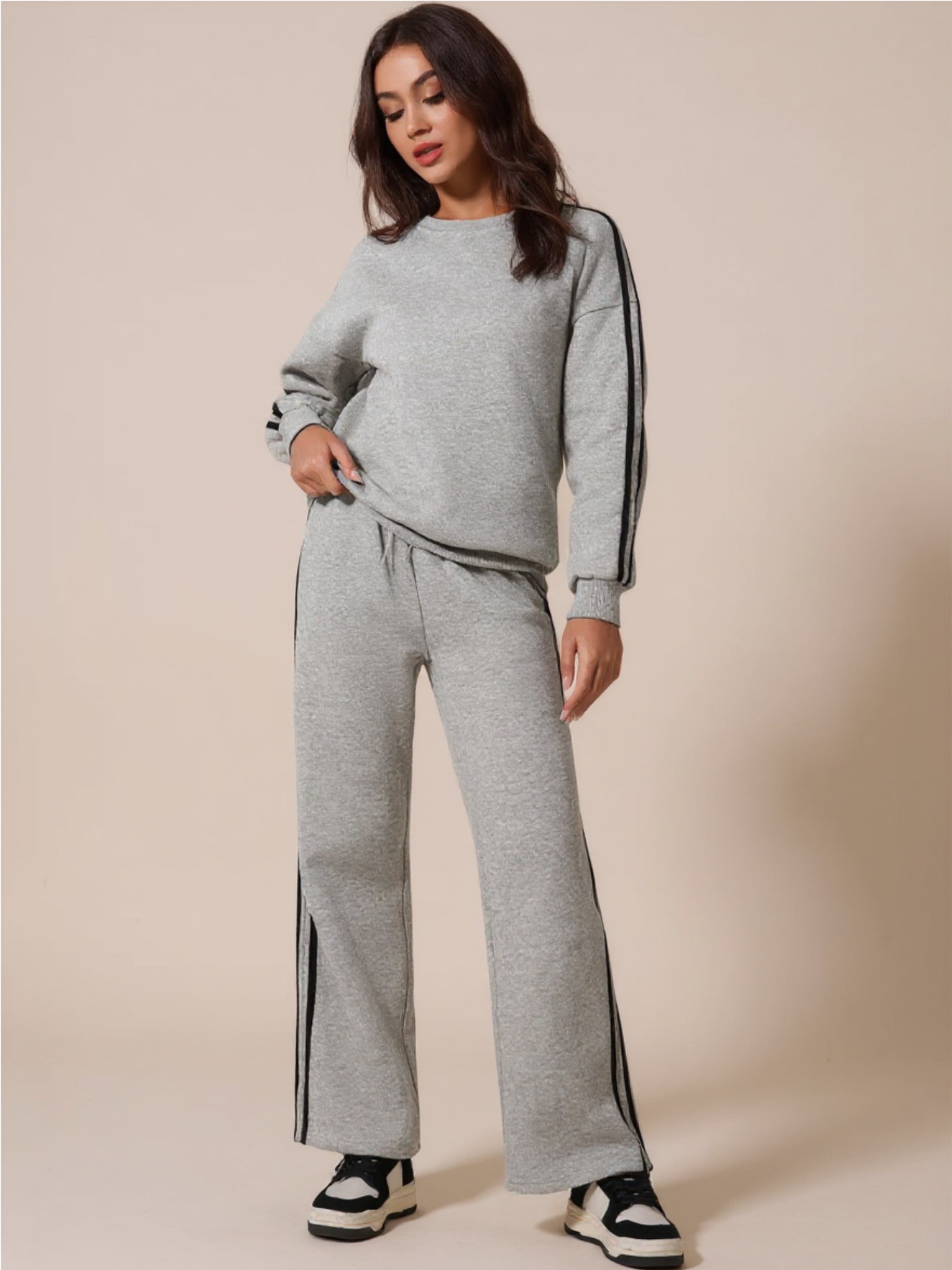 Gray Side Striped Round Neck Top & Pants Active Set