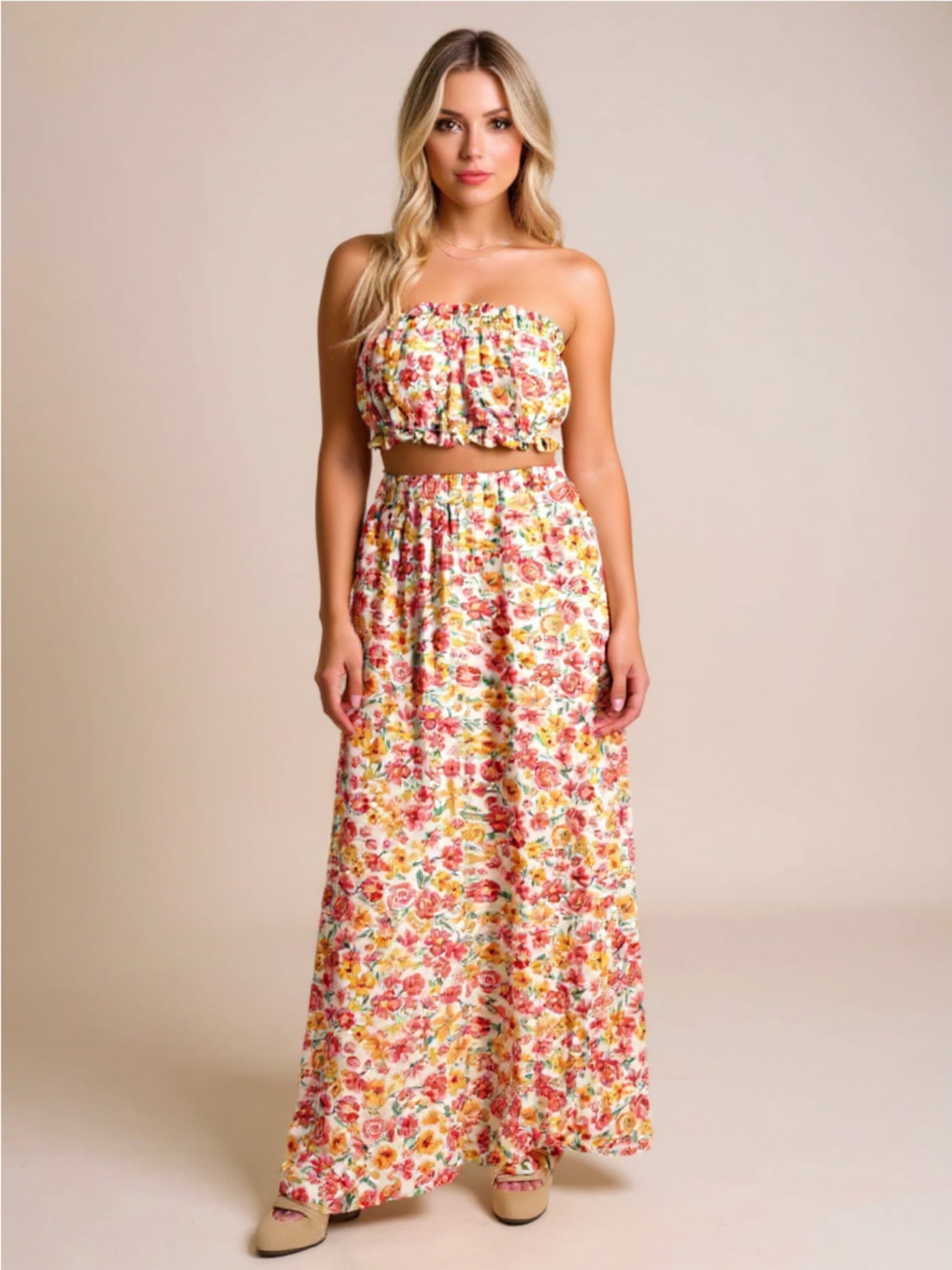Boho Floral Bandeau Top & High Waist Wide Leg Pants Set