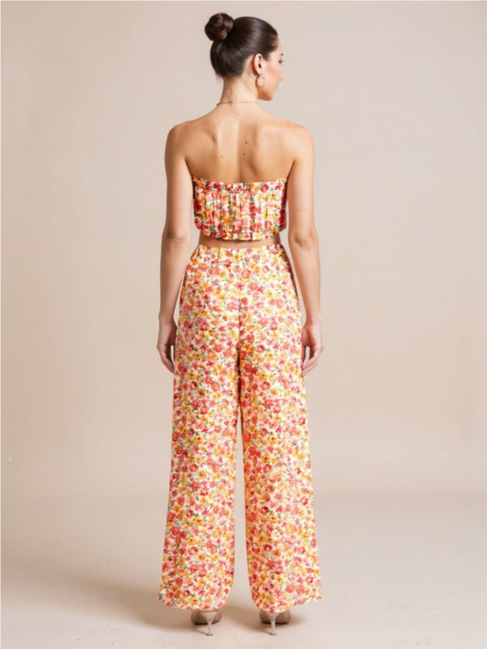 Boho Floral Bandeau Top & High Waist Wide Leg Pants Set