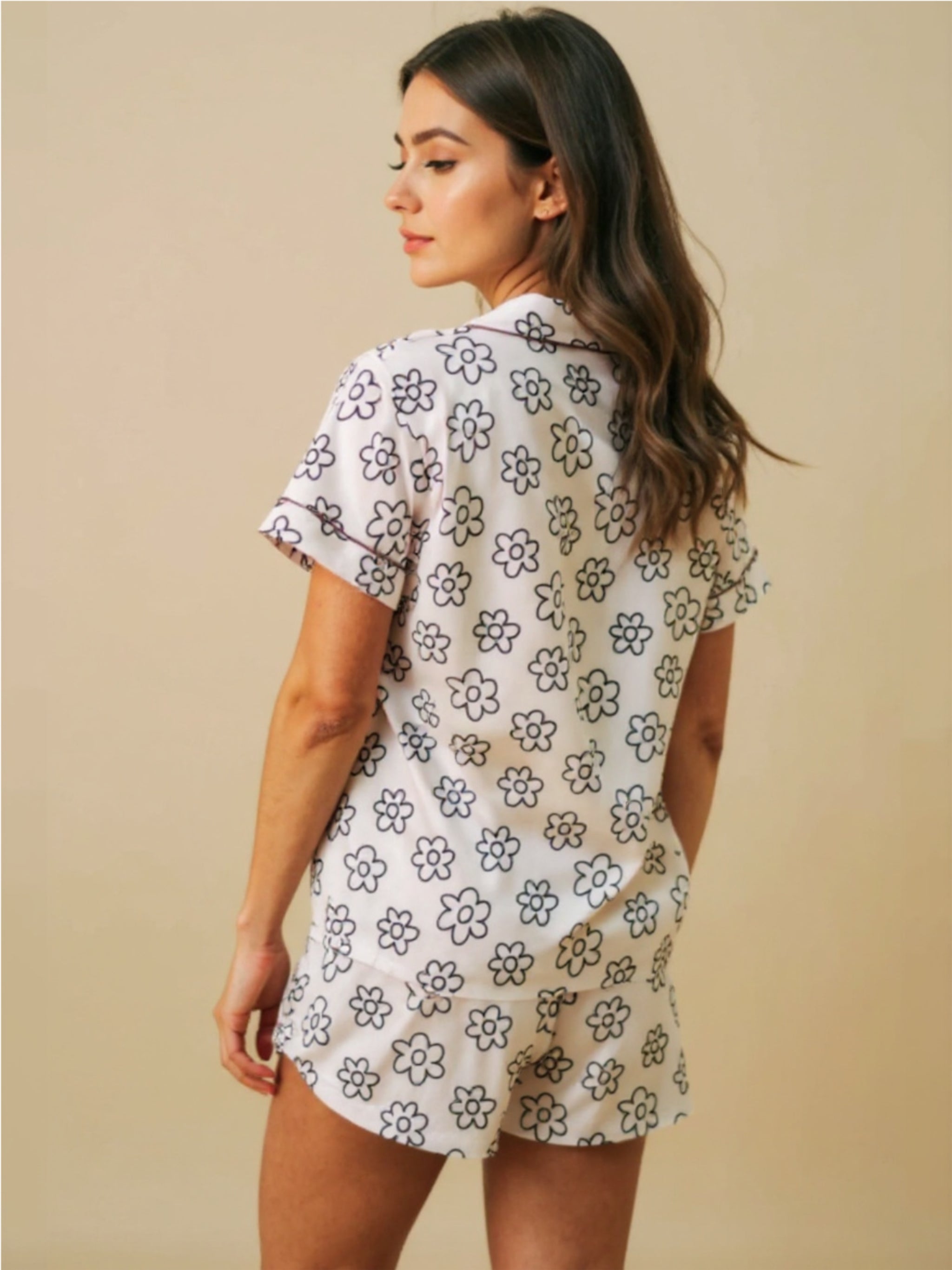 Beige Flower Printed Top & Shorts Pajama Set