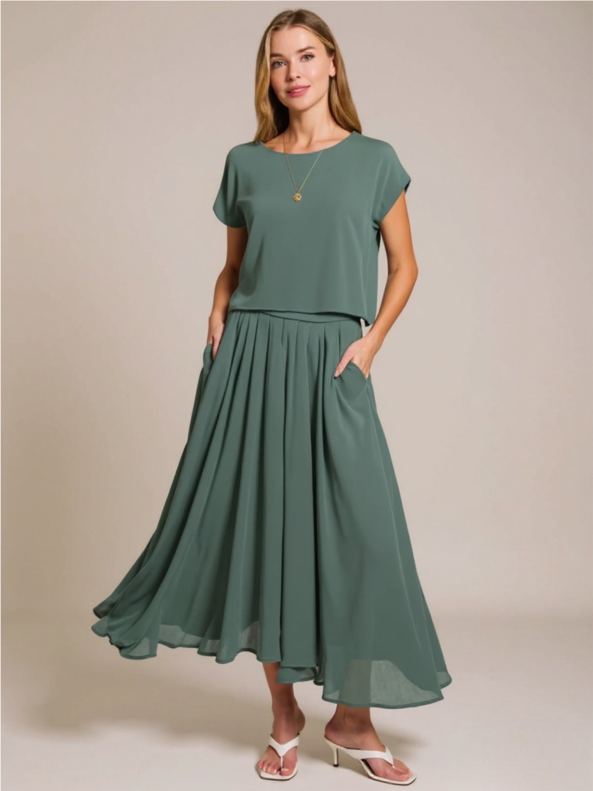 Jade Woven Crinkle Gauze Crop Tee & Skirt Set