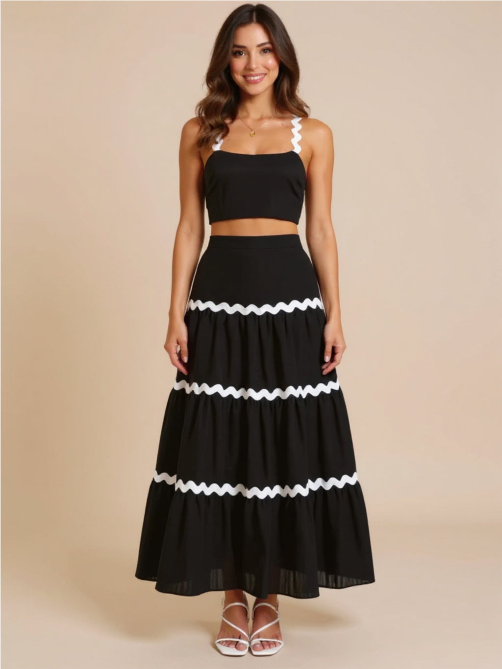 Black Contrast Trim Cami & Maxi Skirt Set