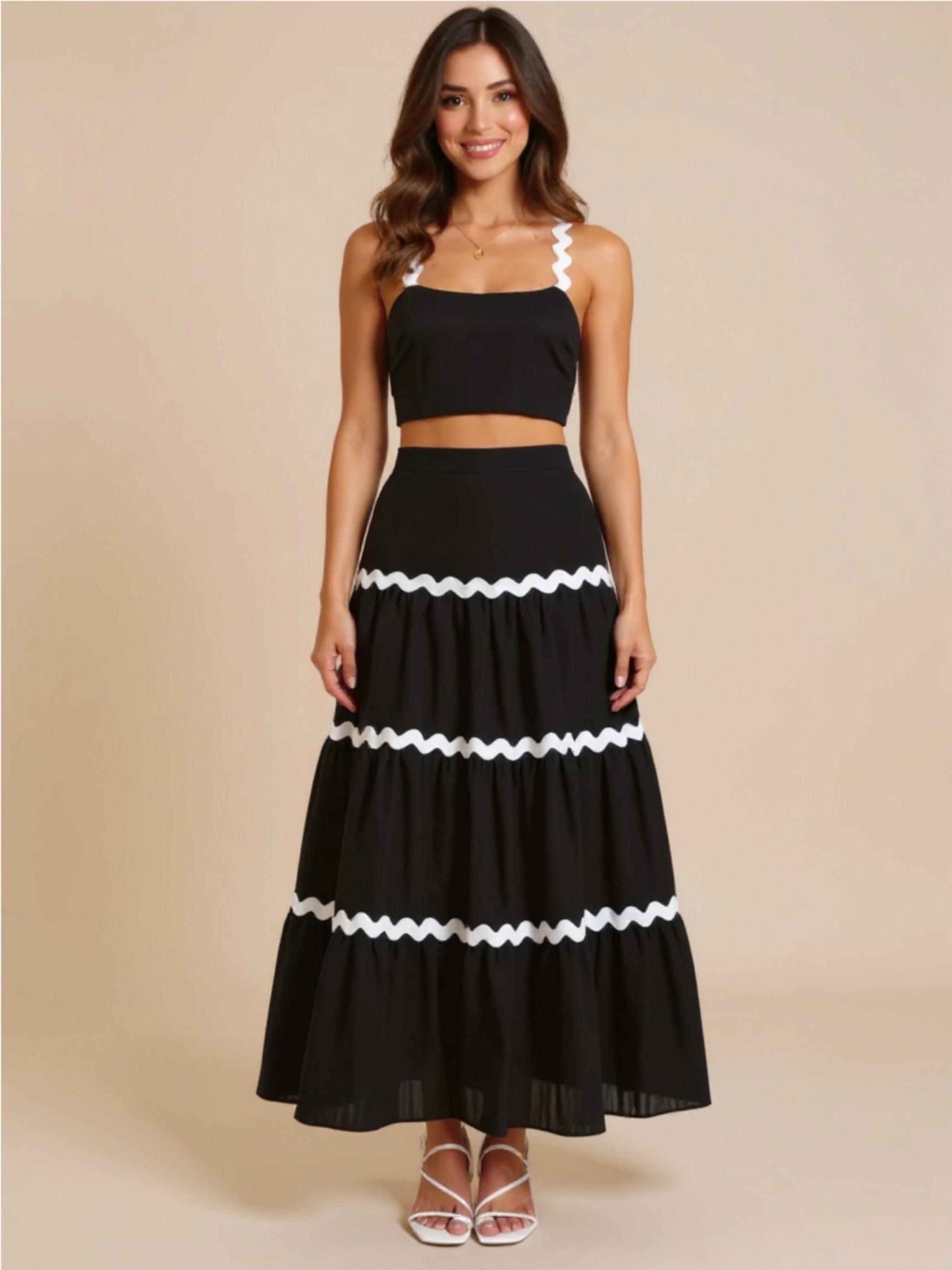 Black Contrast Trim Cami & Maxi Skirt Set