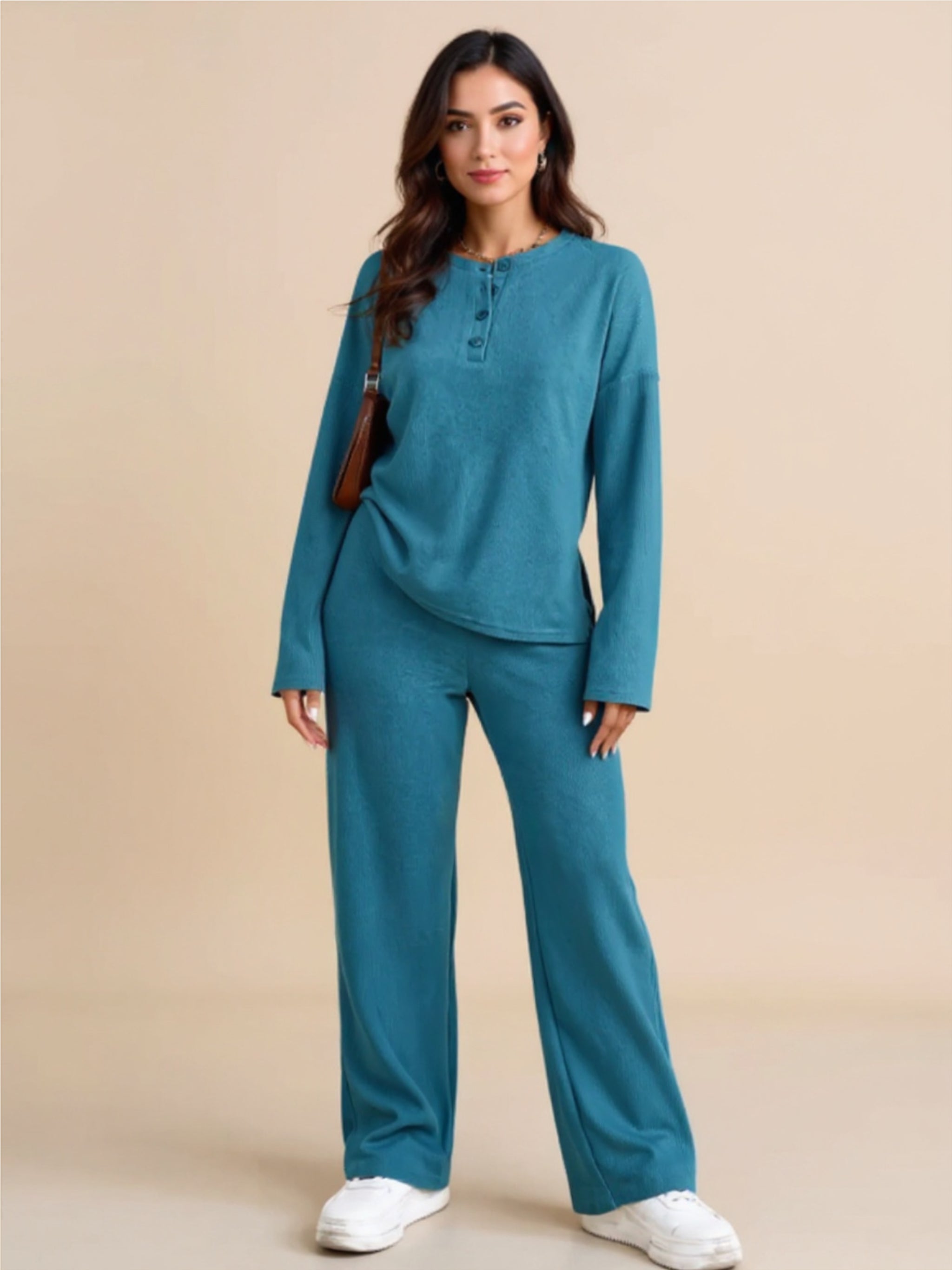Ribbed Half Button Top & Pants Set