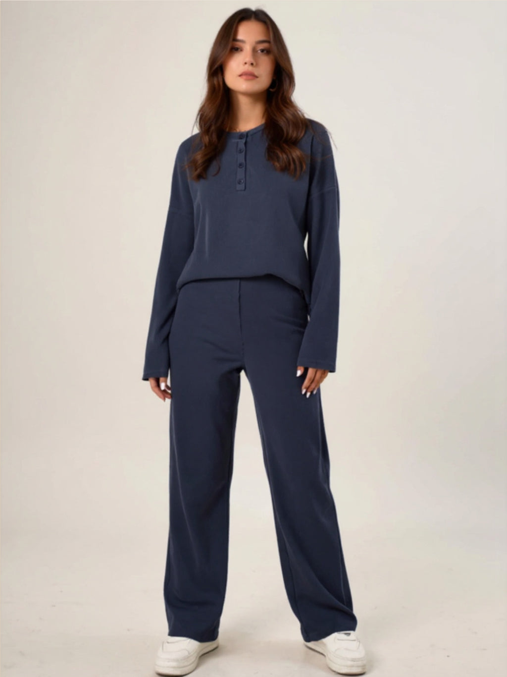 Ribbed Half Button Top & Pants Set