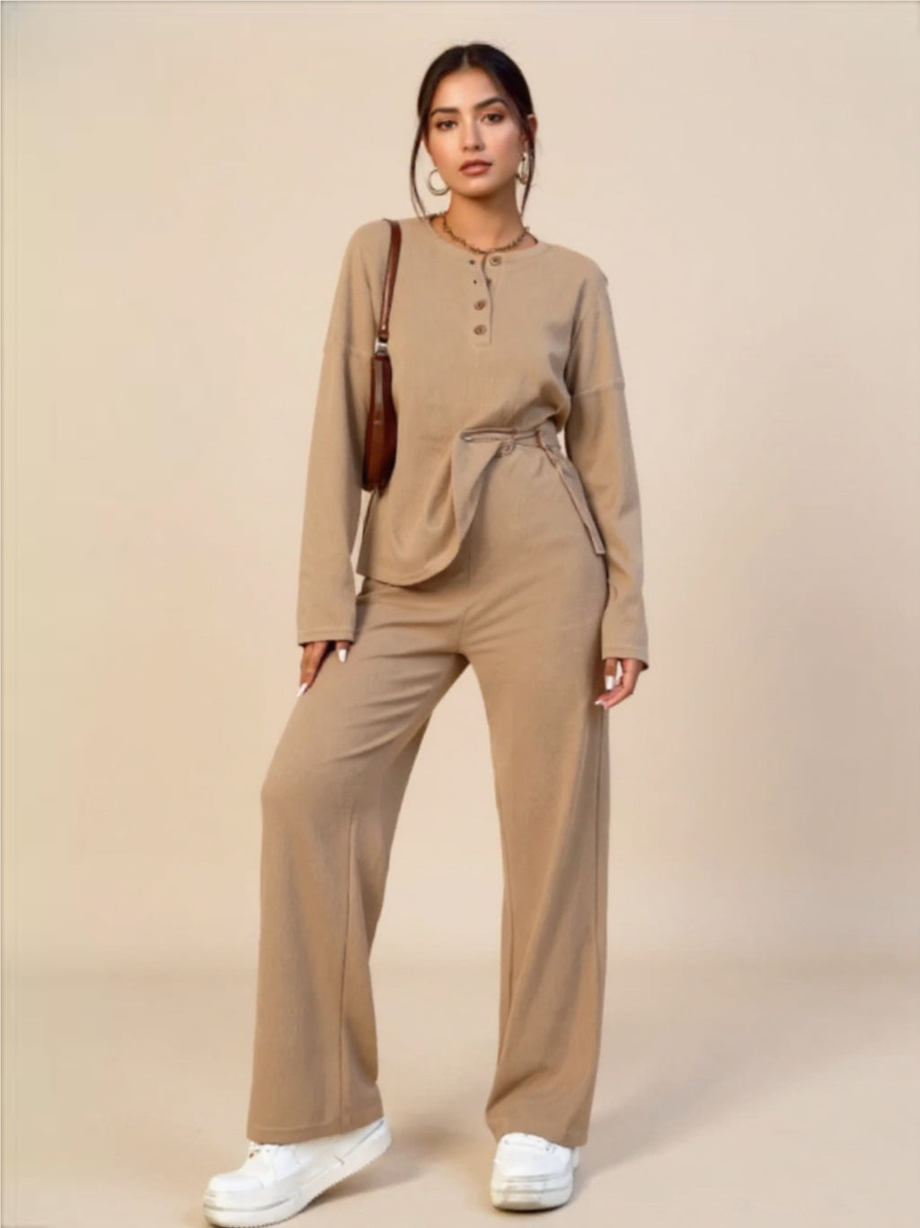 Ribbed Half Button Top & Pants Set