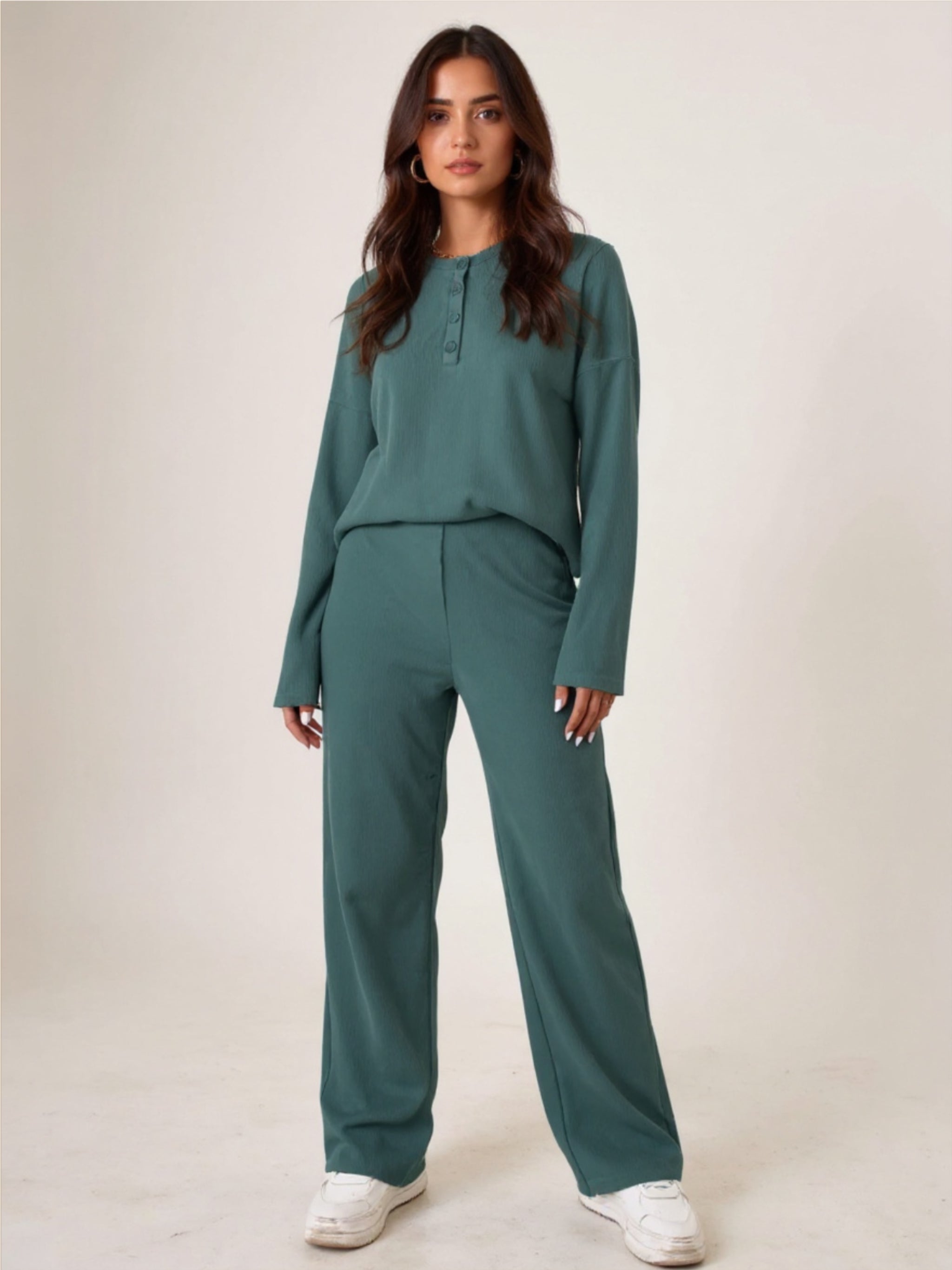 Ribbed Half Button Top & Pants Set