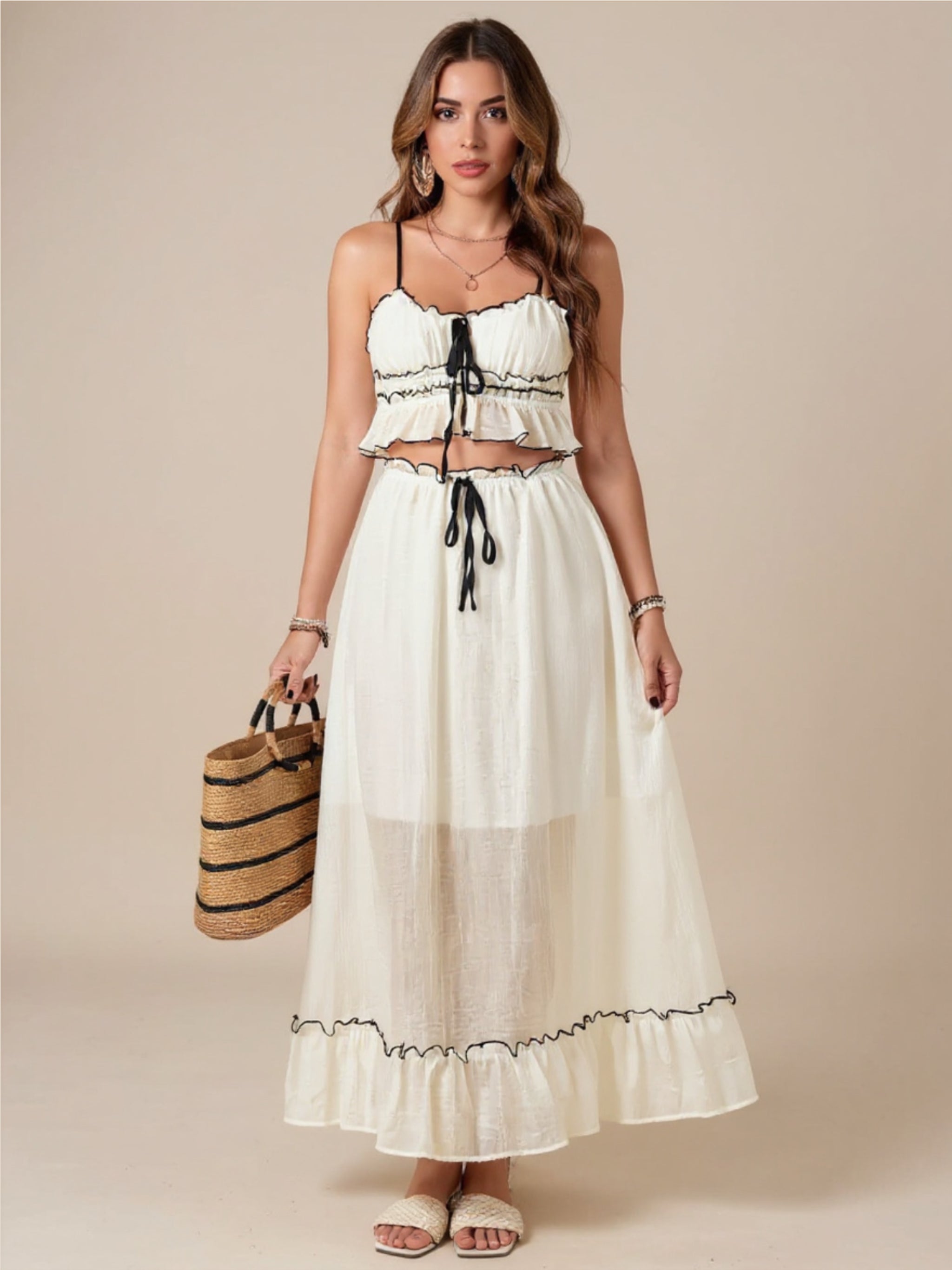 Cream Contrast Trim Scoop Neck Cami & Skirt Set