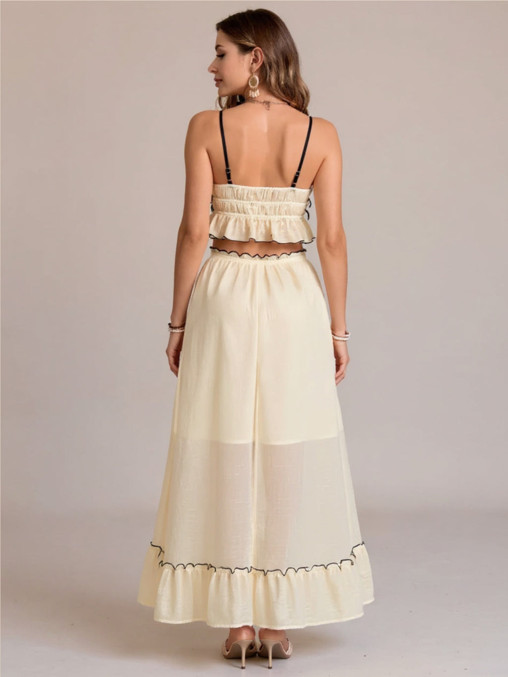 Cream Contrast Trim Scoop Neck Cami & Skirt Set