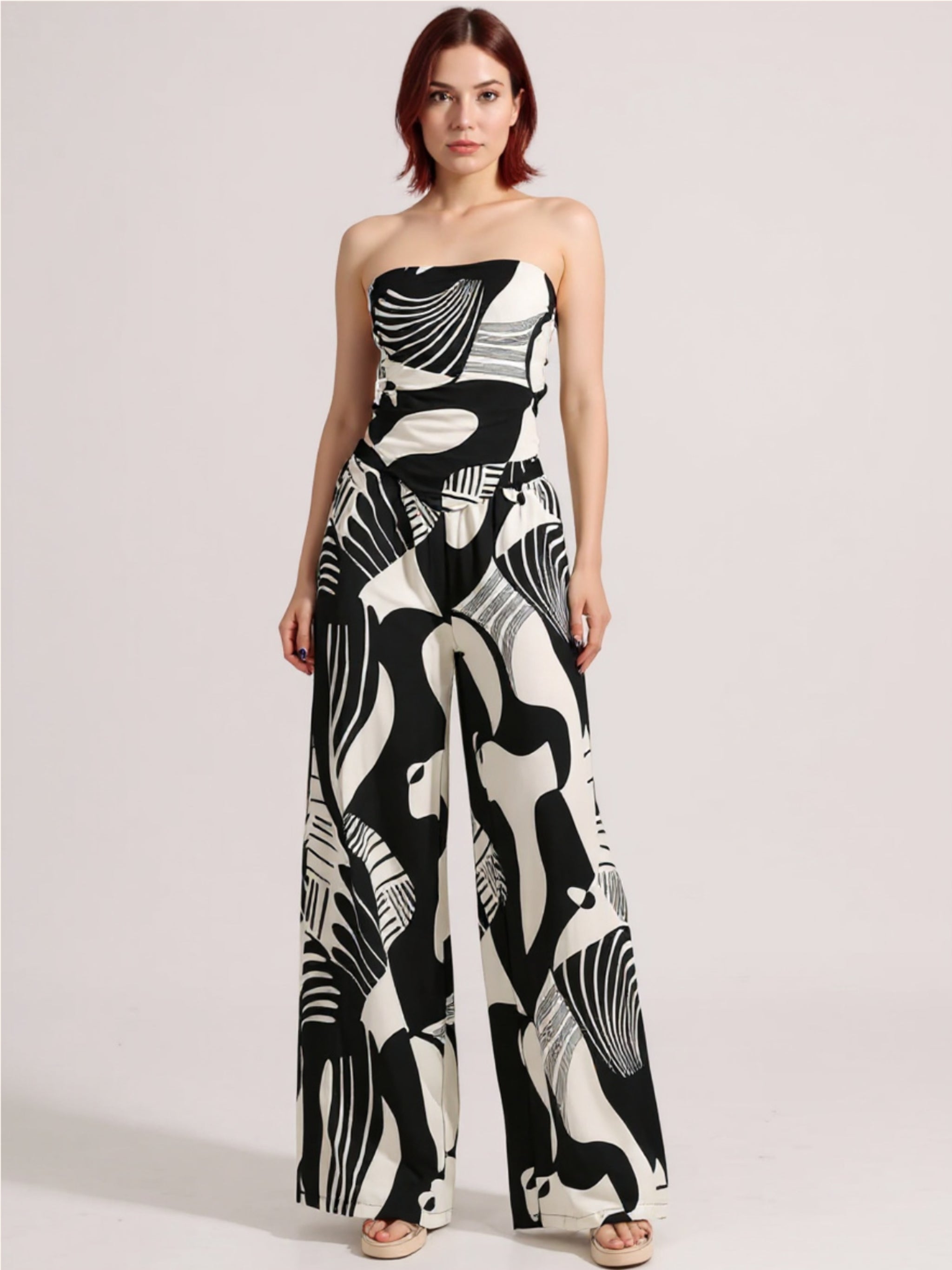 Black & White Abstract Print Tube Top & Wide Leg Pants Two-Piece Set