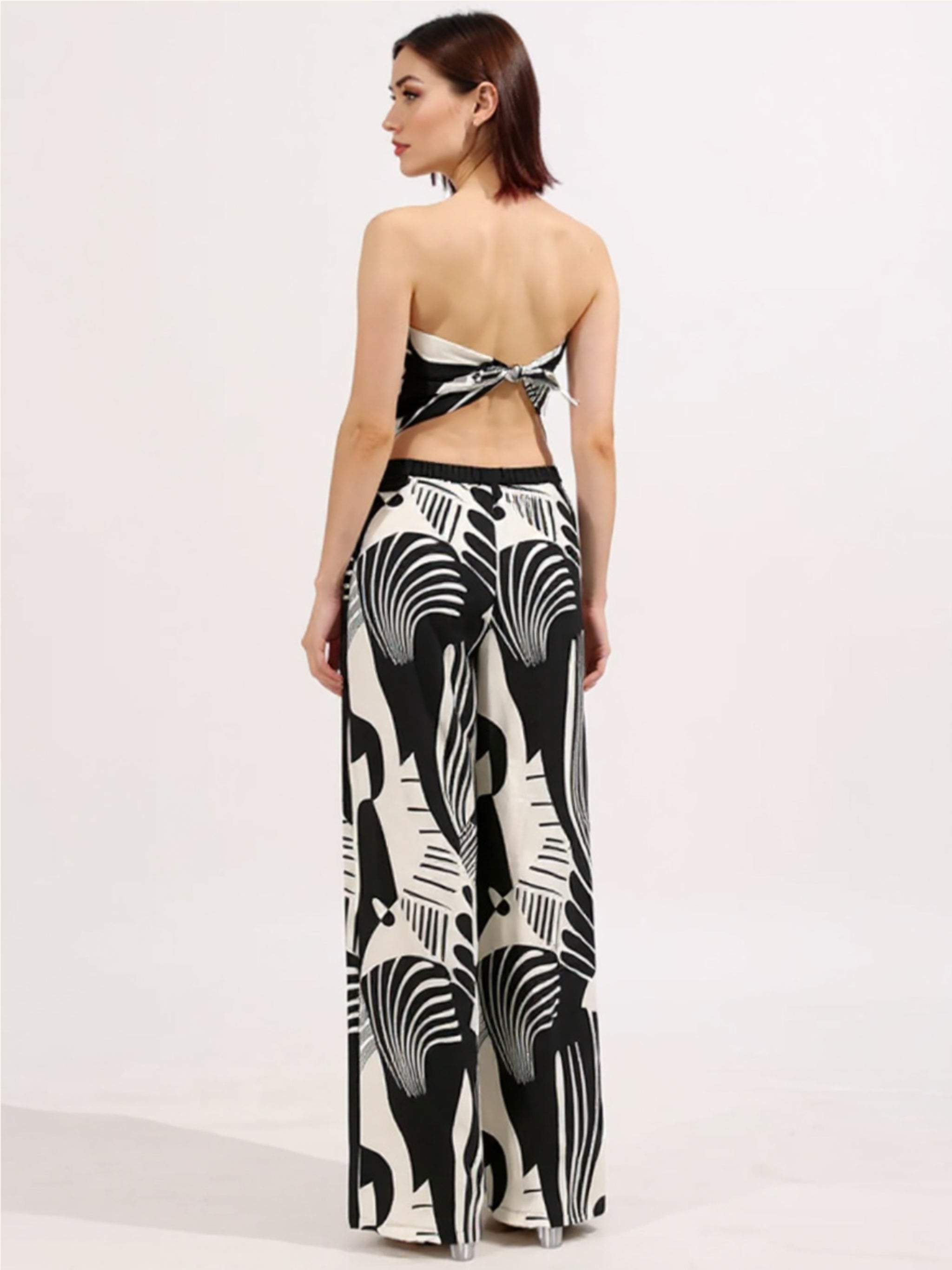Black & White Abstract Print Tube Top & Wide Leg Pants Two-Piece Set