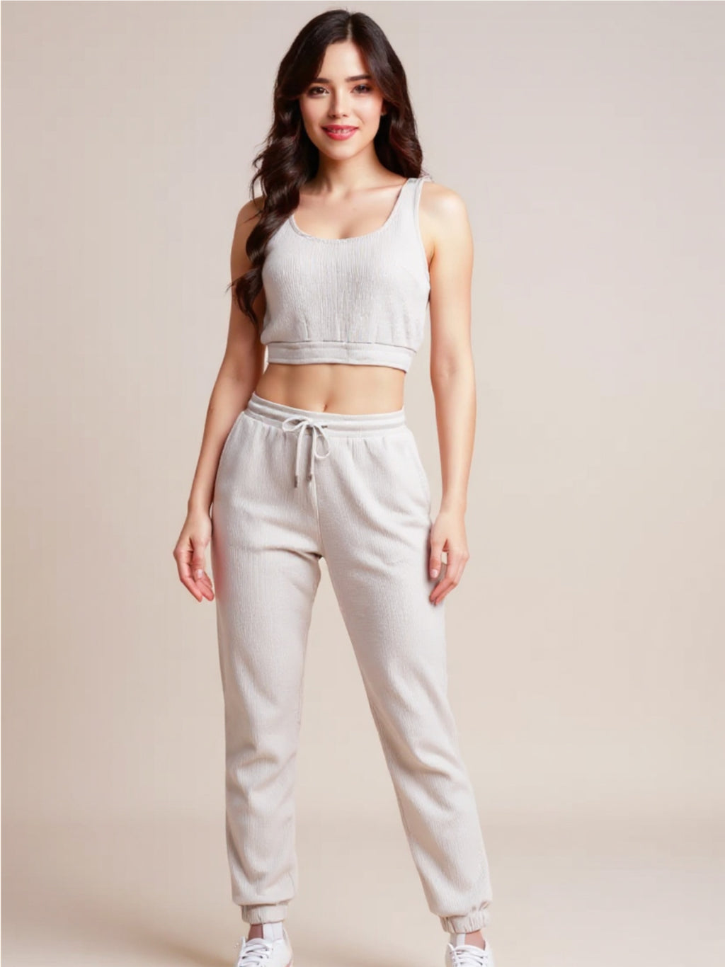 Waffle-Knit Cropped Tank & Drawstring Pants Set