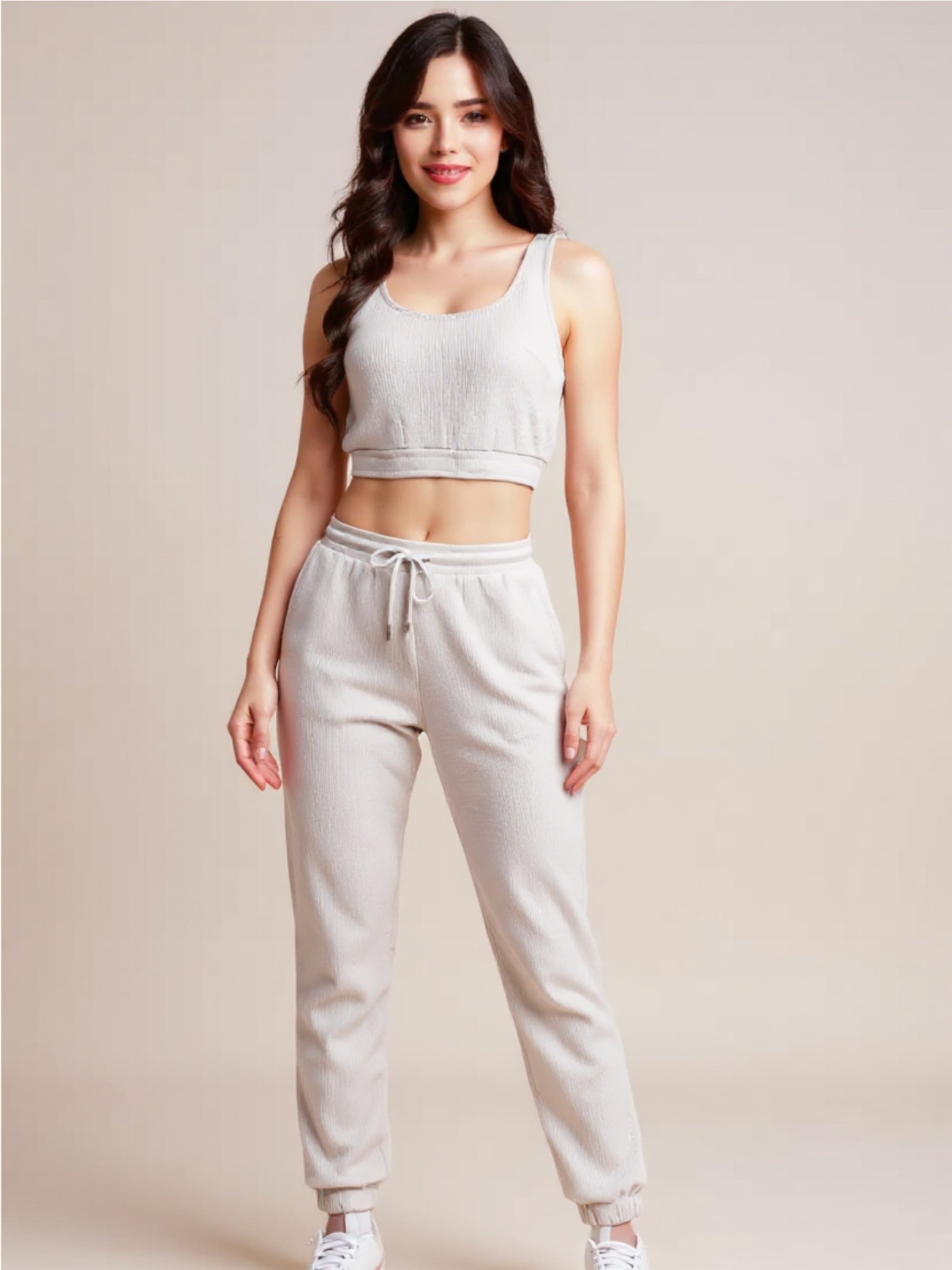 Waffle-Knit Cropped Tank & Drawstring Pants Set