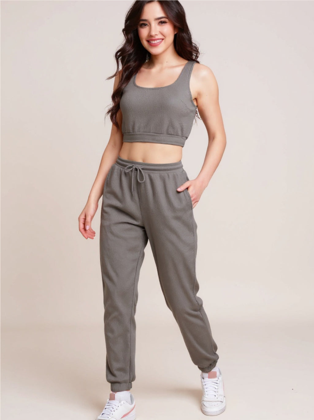 Waffle-Knit Cropped Tank & Drawstring Pants Set