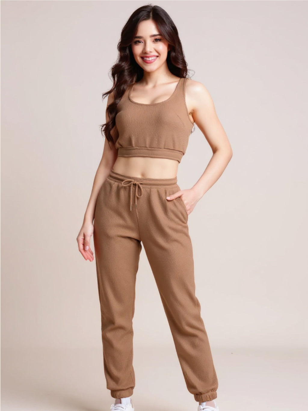 Waffle-Knit Cropped Tank & Drawstring Pants Set