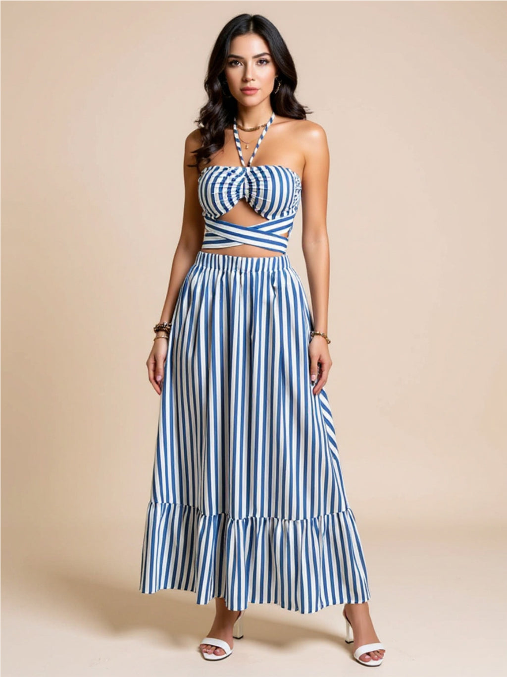 Striped Halter Neck Cami & Skirt Set
