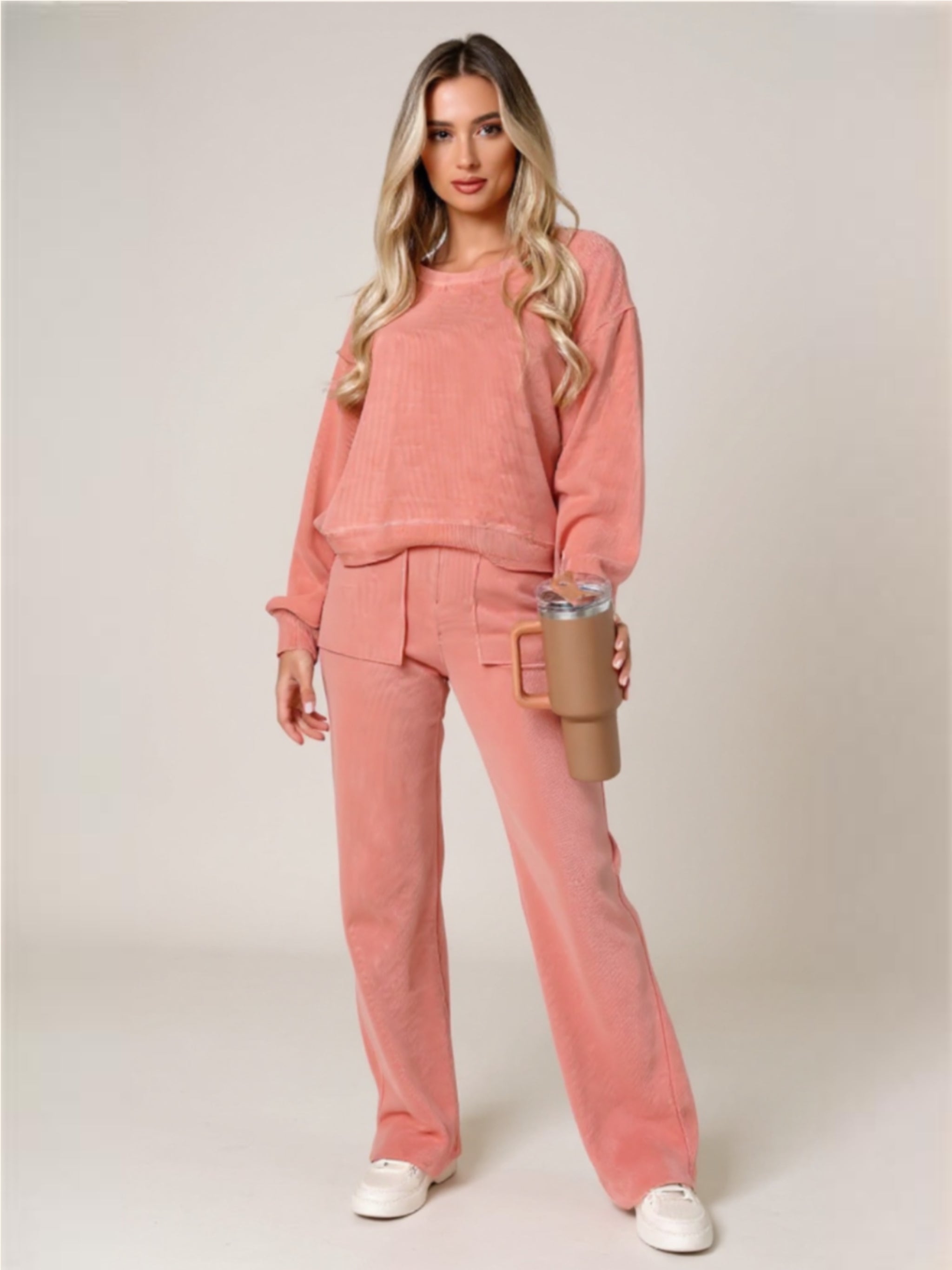 Pink Round Neck Long Sleeve Top & Pants Set
