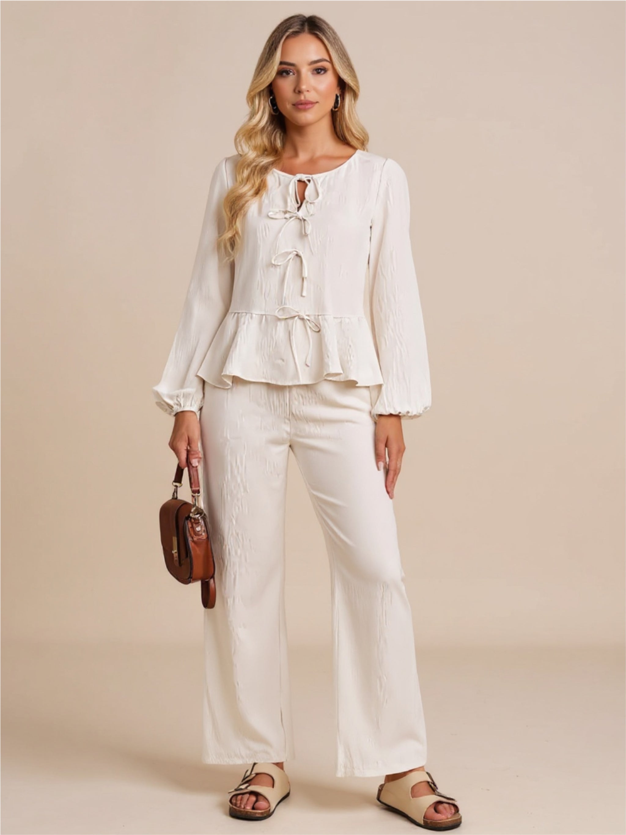 Tie Balloon Sleeve Top & Pants Set