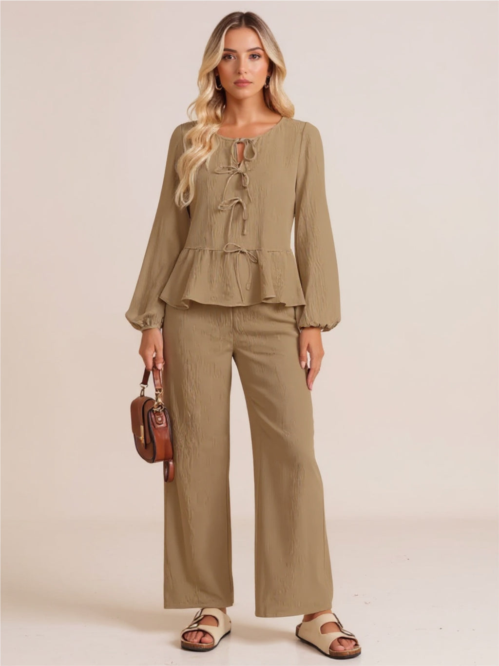 Tie Balloon Sleeve Top & Pants Set