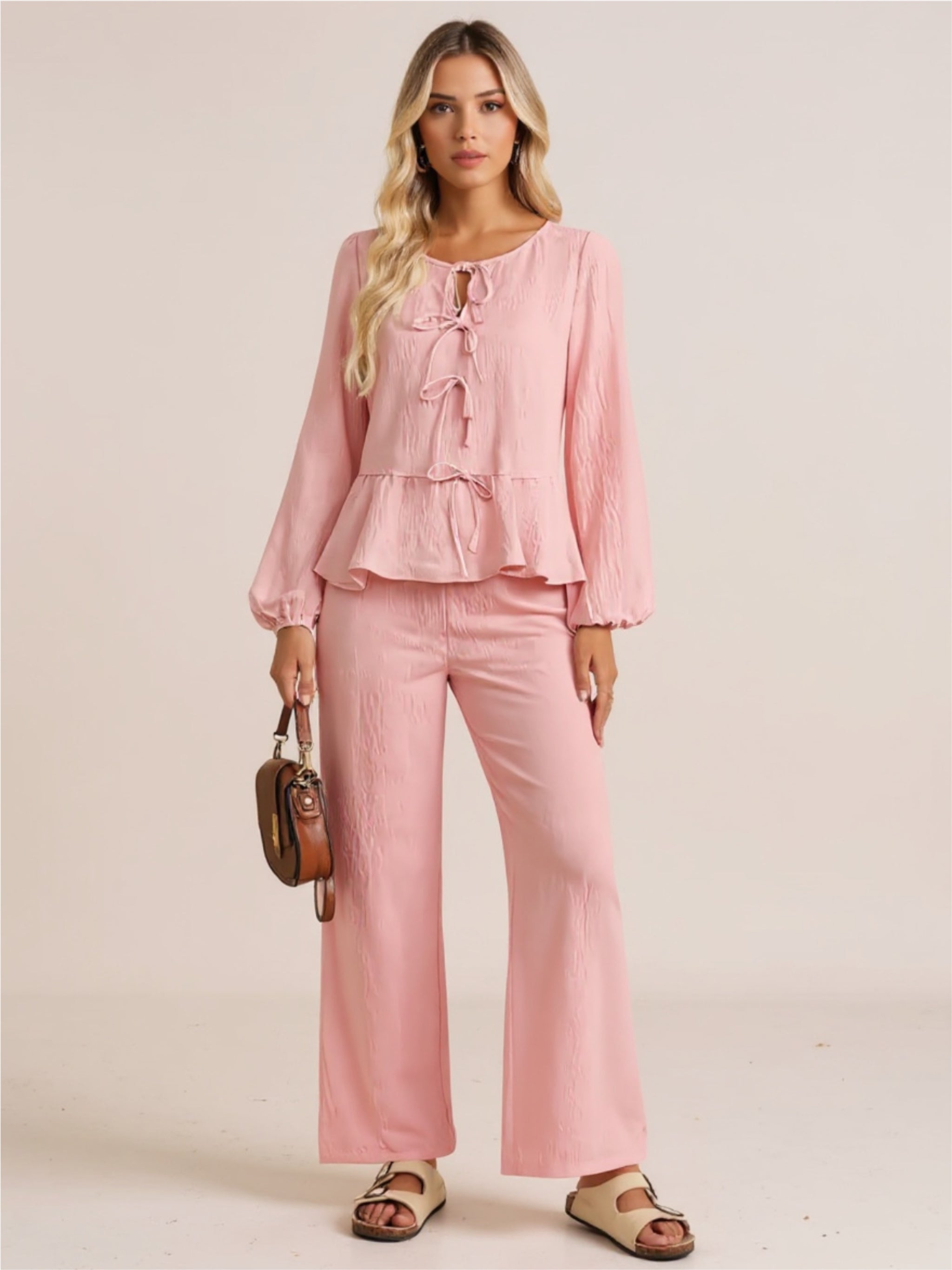 Tie Balloon Sleeve Top & Pants Set