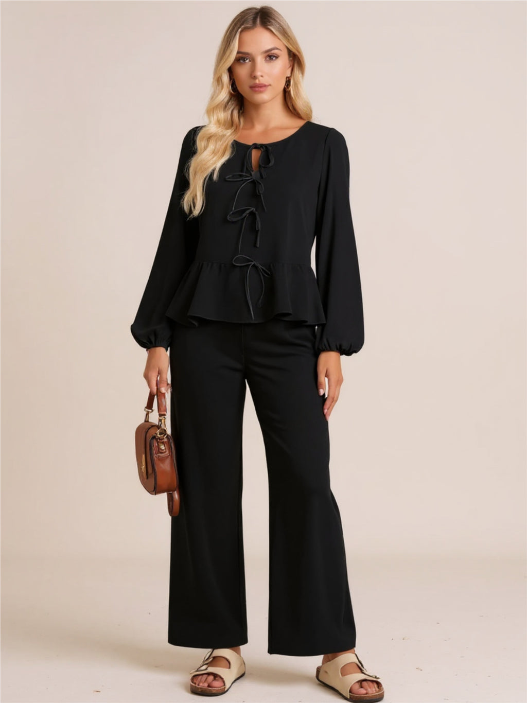 Tie Balloon Sleeve Top & Pants Set