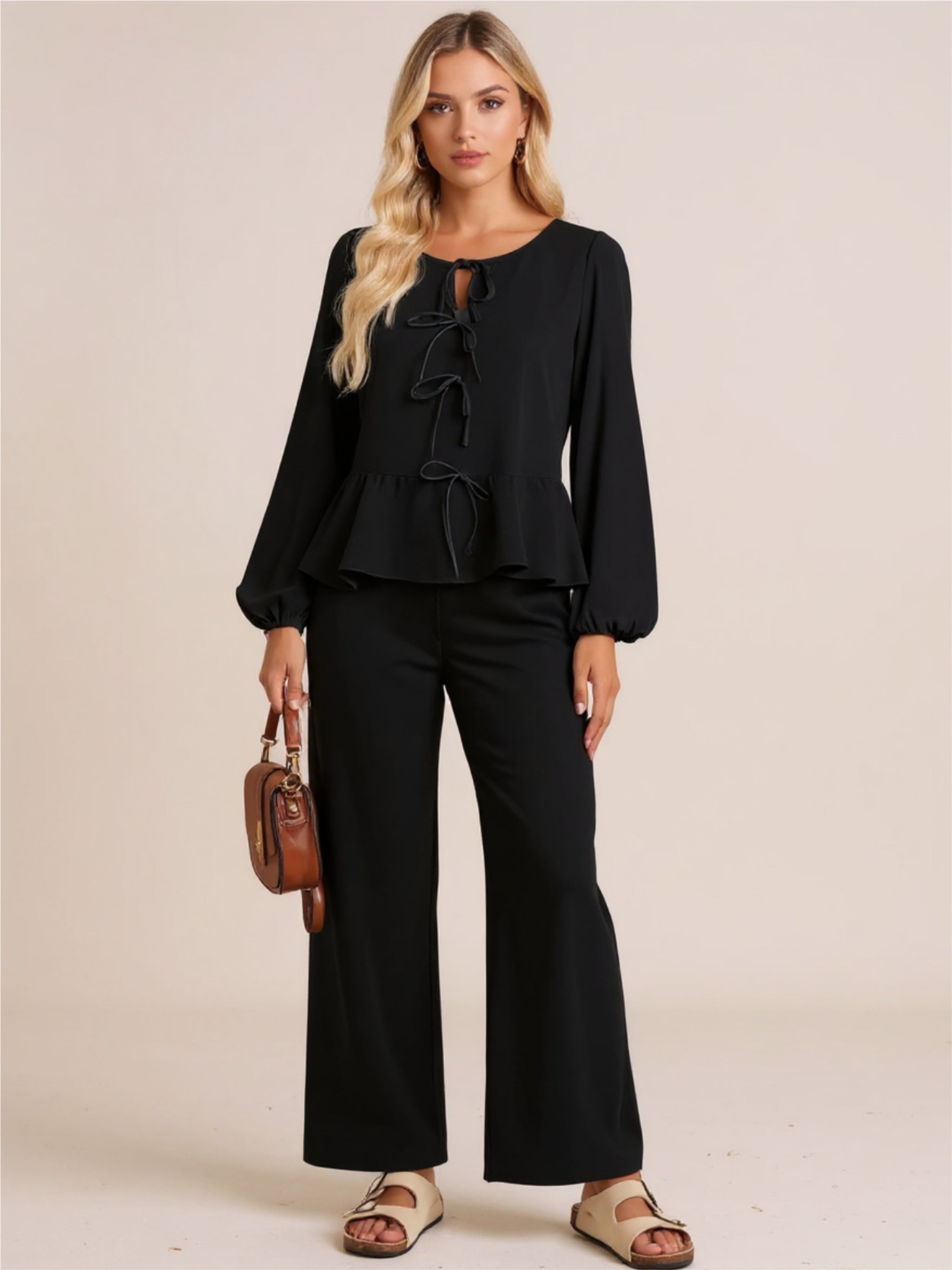 Tie Balloon Sleeve Top & Pants Set