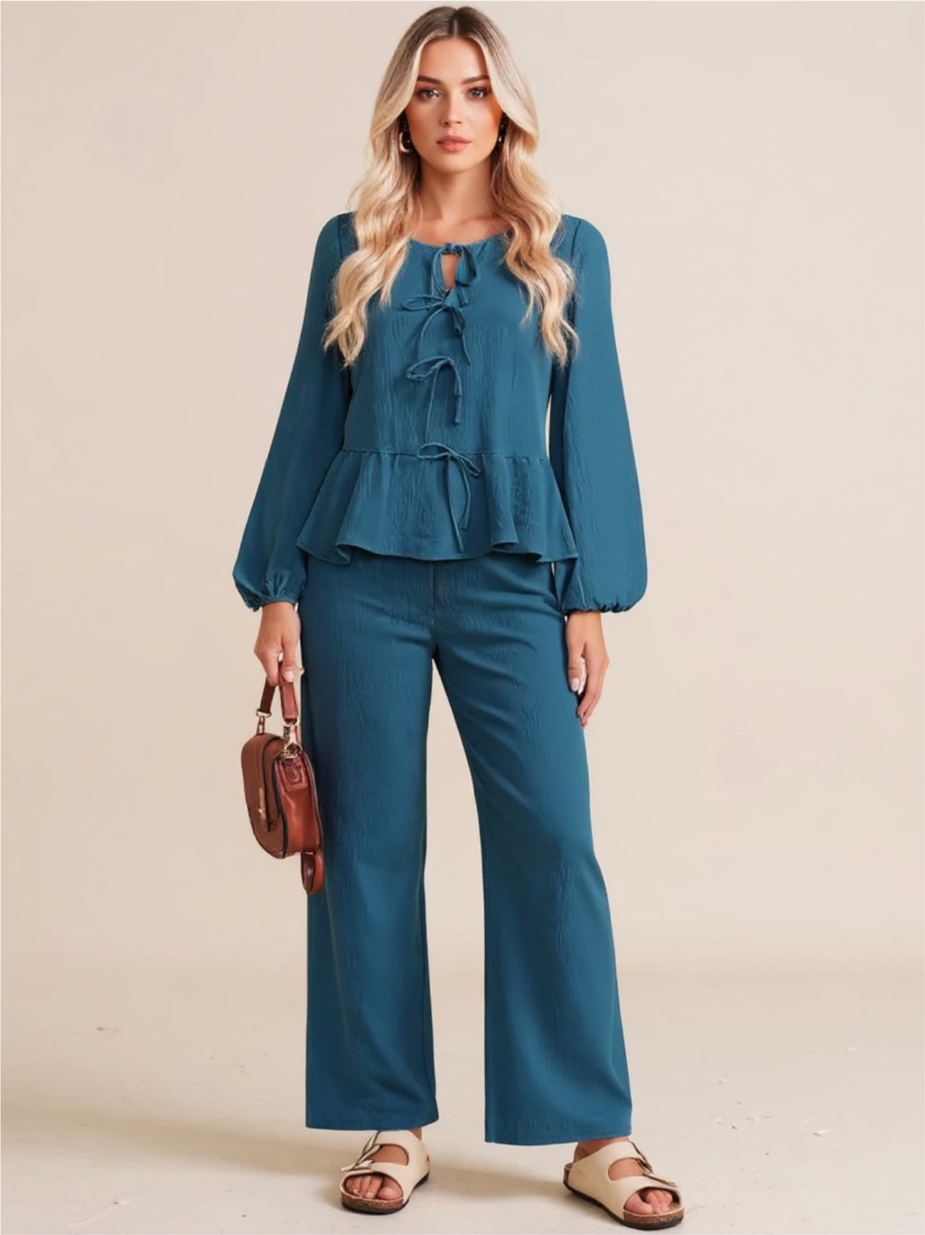 Tie Balloon Sleeve Top & Pants Set