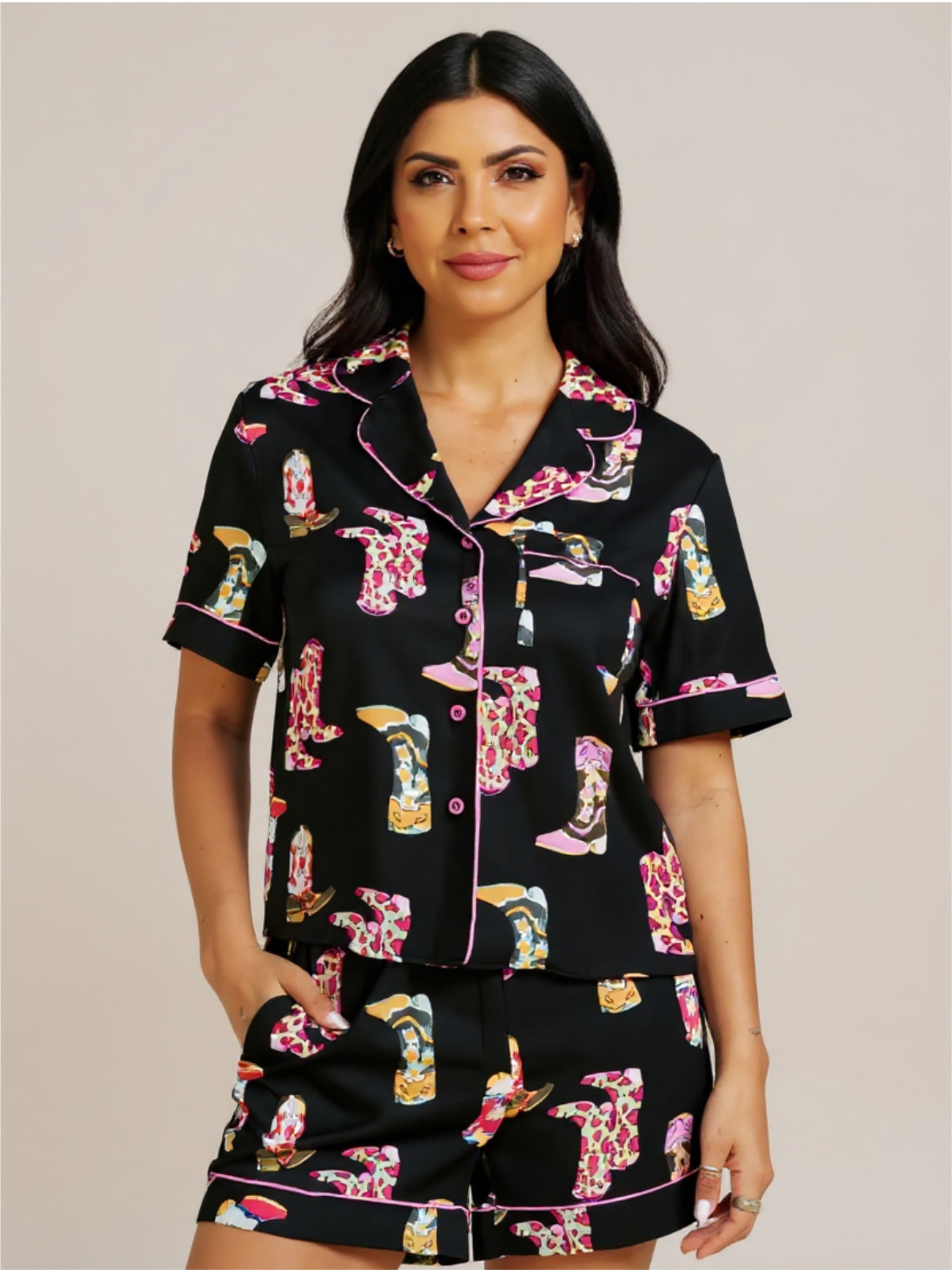 Black Printed Button Up Short Sleeve Top & Shorts Lounge Set
