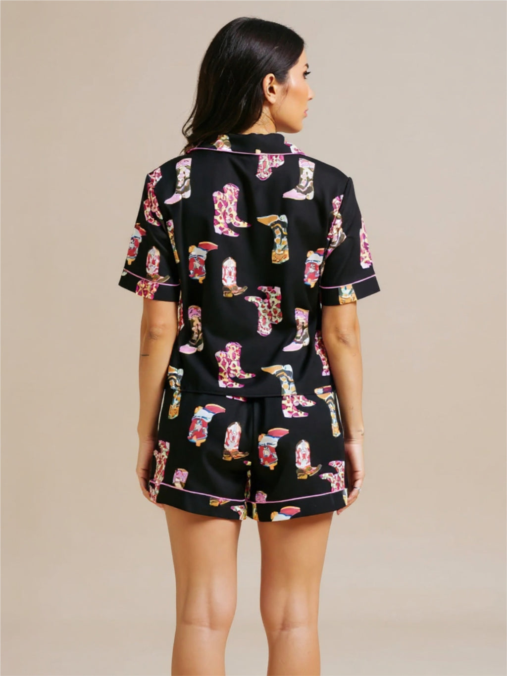 Black Printed Button Up Short Sleeve Top & Shorts Lounge Set