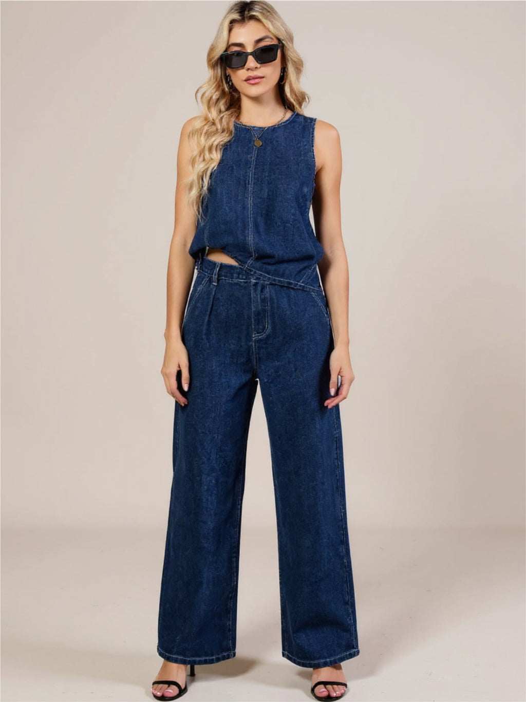 Round Neck Tank & Pants Denim Set