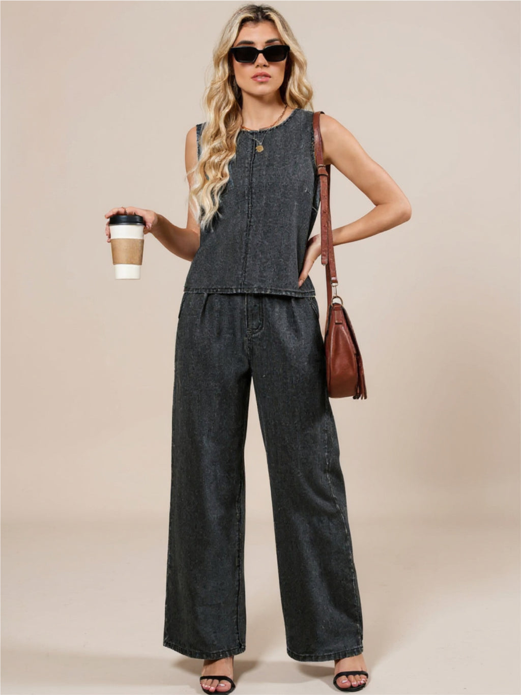 Round Neck Tank & Pants Denim Set