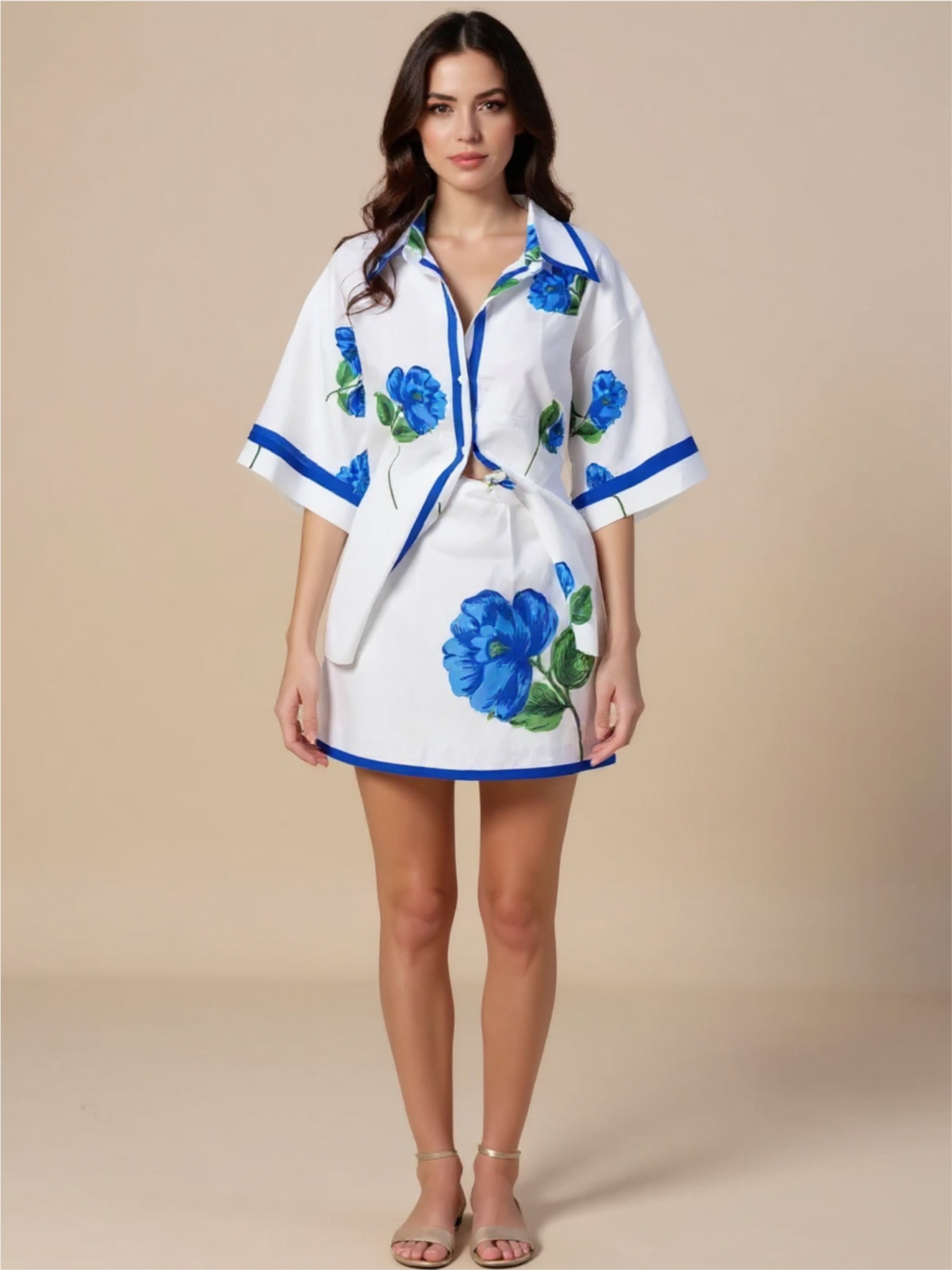 Blue Floral Button-Up Shirt & Mini Skirt Set